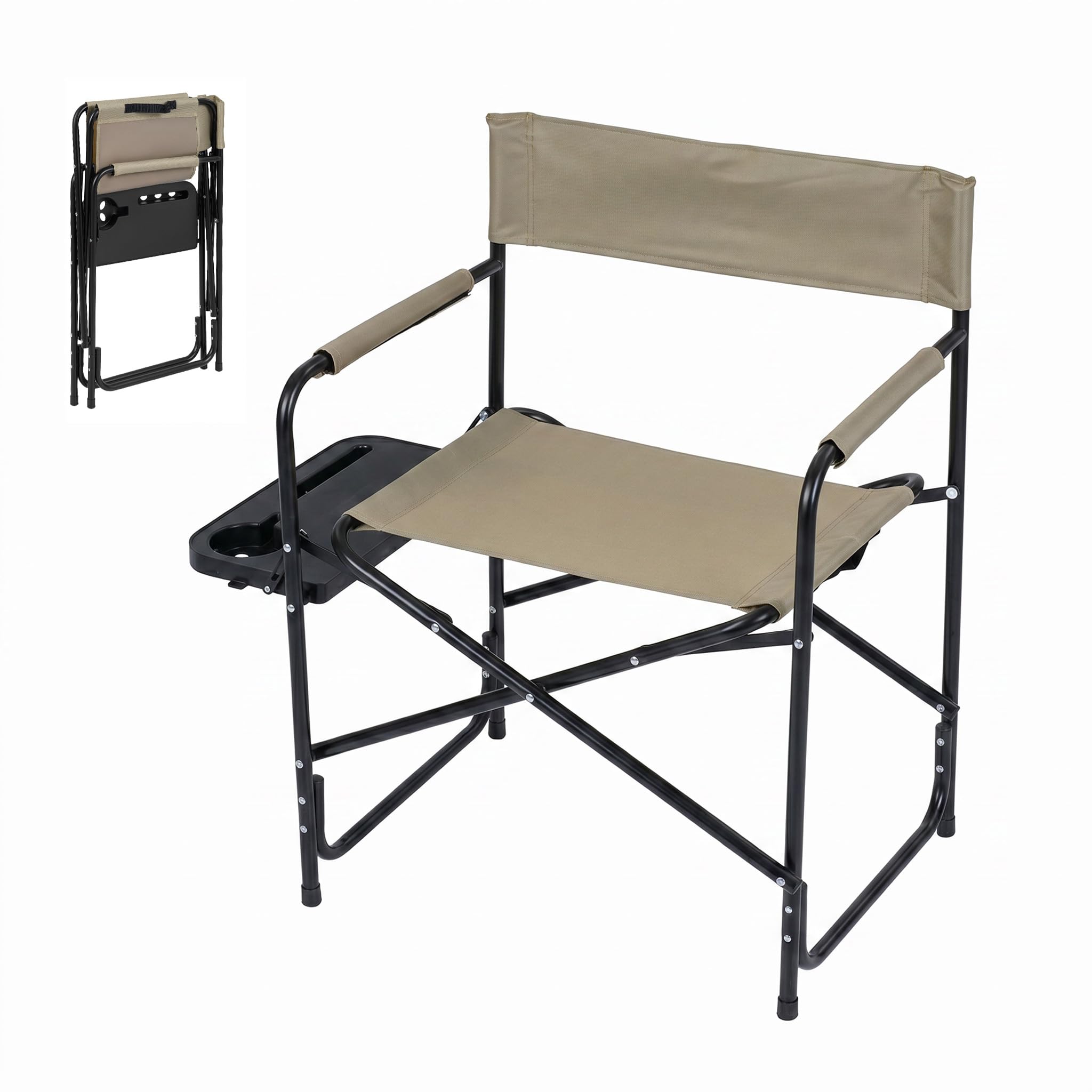 SOARS Sedia da Campeggio Pieghevole Leggera con Tavolino, Marrone | Sedia Regista Portatile con Portabicchiere, in Metallo Resistente, per Pesca e Picnic, da Giardino e Spiaggia, Max 160 kg
