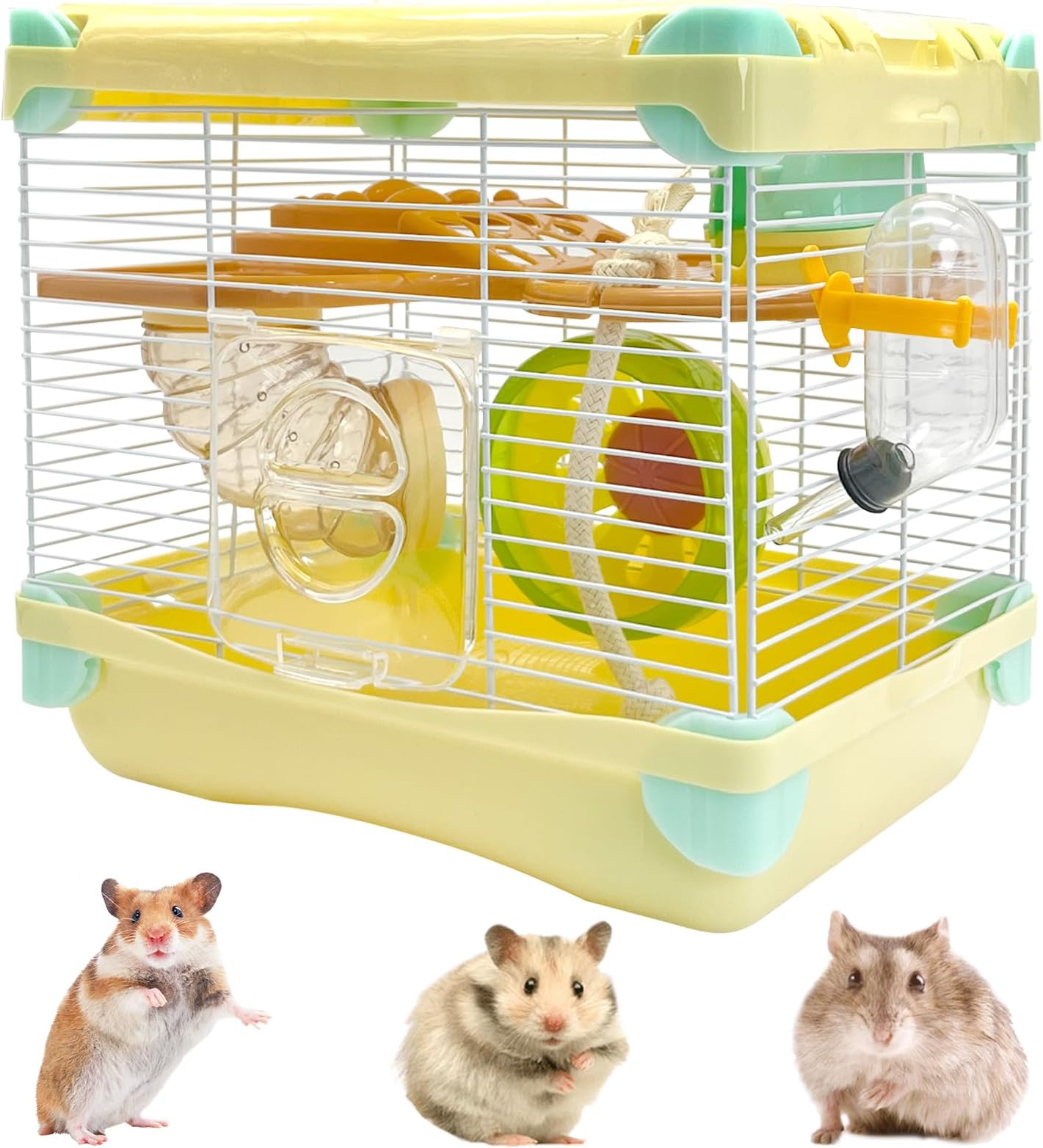 Hamiledyi Portable Hamster Cage 2 Layers Dwarf Hamster Habitat 10.90”L*8.07”W*9.84”H Small Animal Travel Cage with Exercise Wheel Hamster Enclosure Mouse Cage for Hamsters Mice Gerbils Tiny Pets