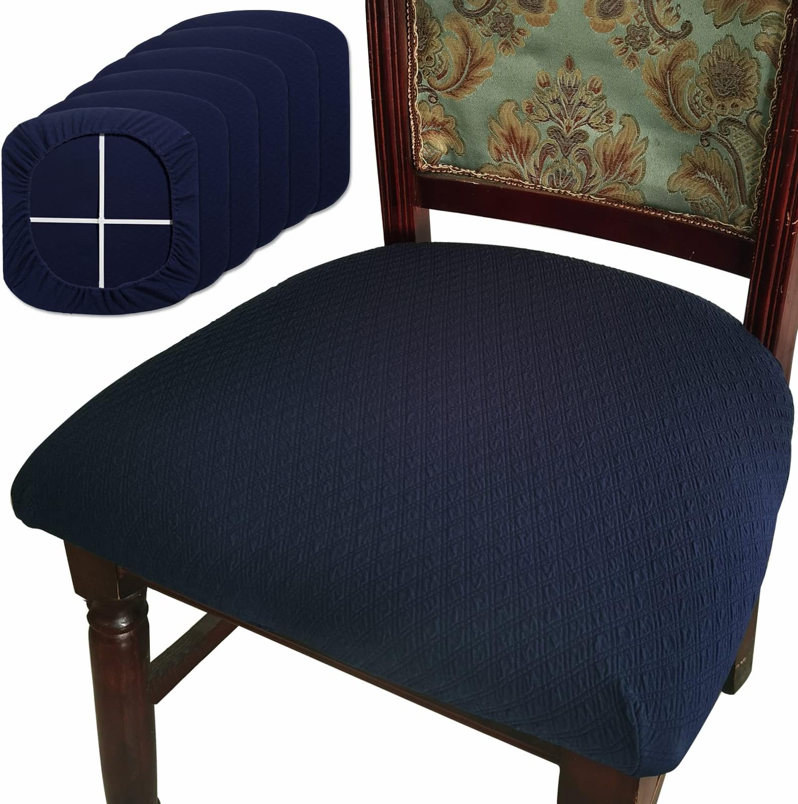 BUYUE Dining Room Chair Seat Covers Set of 6, TPU not Mixed, Friendly Jacquard Fabric Stretch Washable Slipcover for Kitchen Seat Cushions, Navy Blue-6PCS