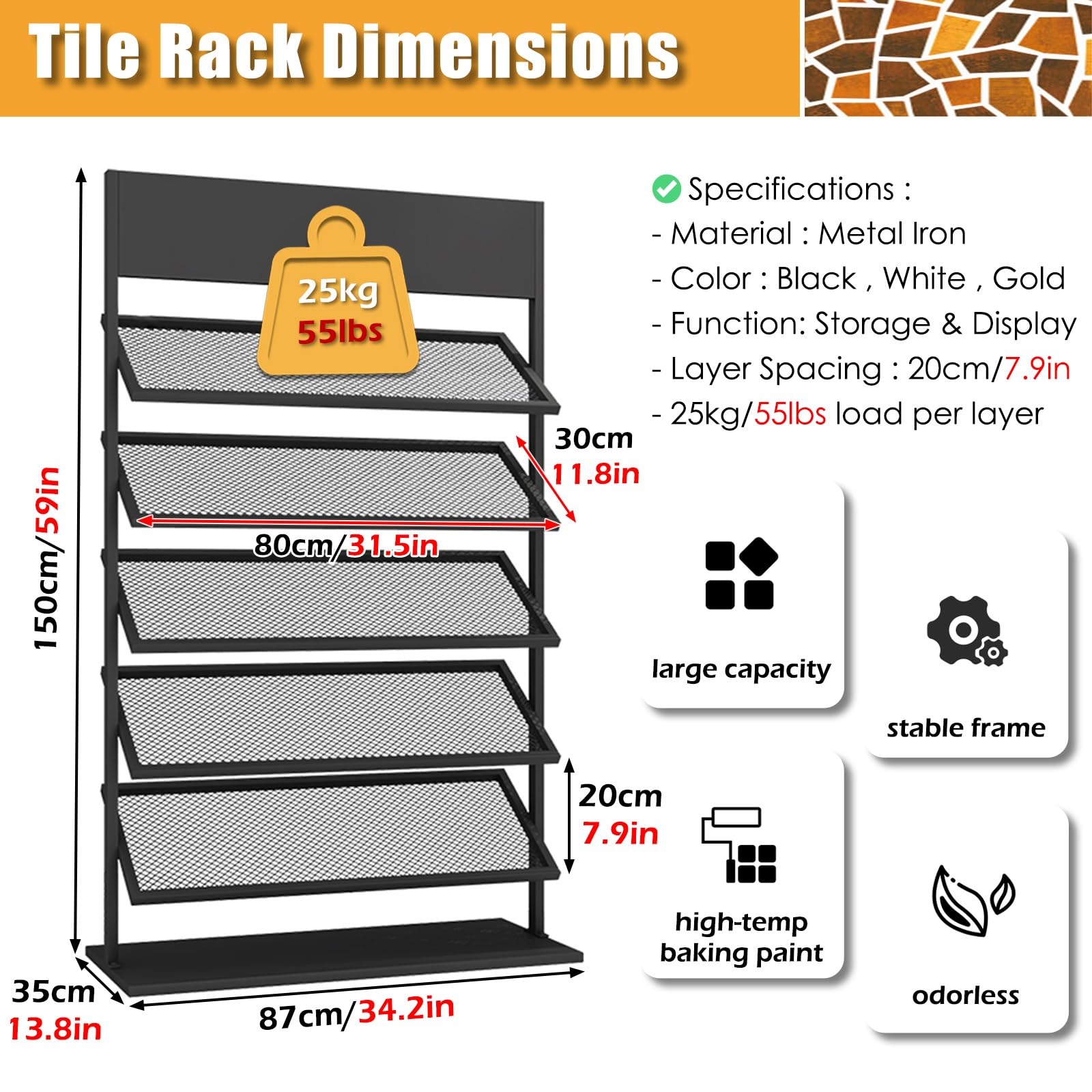 ZJKXJH Commercial Glass Tile Sample Holder for Batch Display, Large Capacity Floor Porcelain Rack with Anti-Drop Slot, 5-Layer Metal Marble Slab Samples Stand(Black,L 87cm/34.2in)