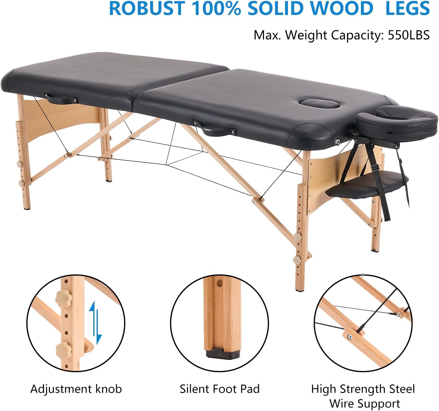 YOUNIKE Massage Table Eyelash Bed 2 Foldable Portable Black Lightweight Adjustable Professional Facial Spa Salon Therapy Beauty Beauty Tattoo 70cm Wide