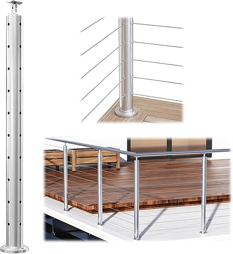 Muzata Poste de esquina para barandilla de cable, redondo, sin soldadura, 36 x 2.36 pulgadas, acero inoxidable, acabado cepillado, solución de