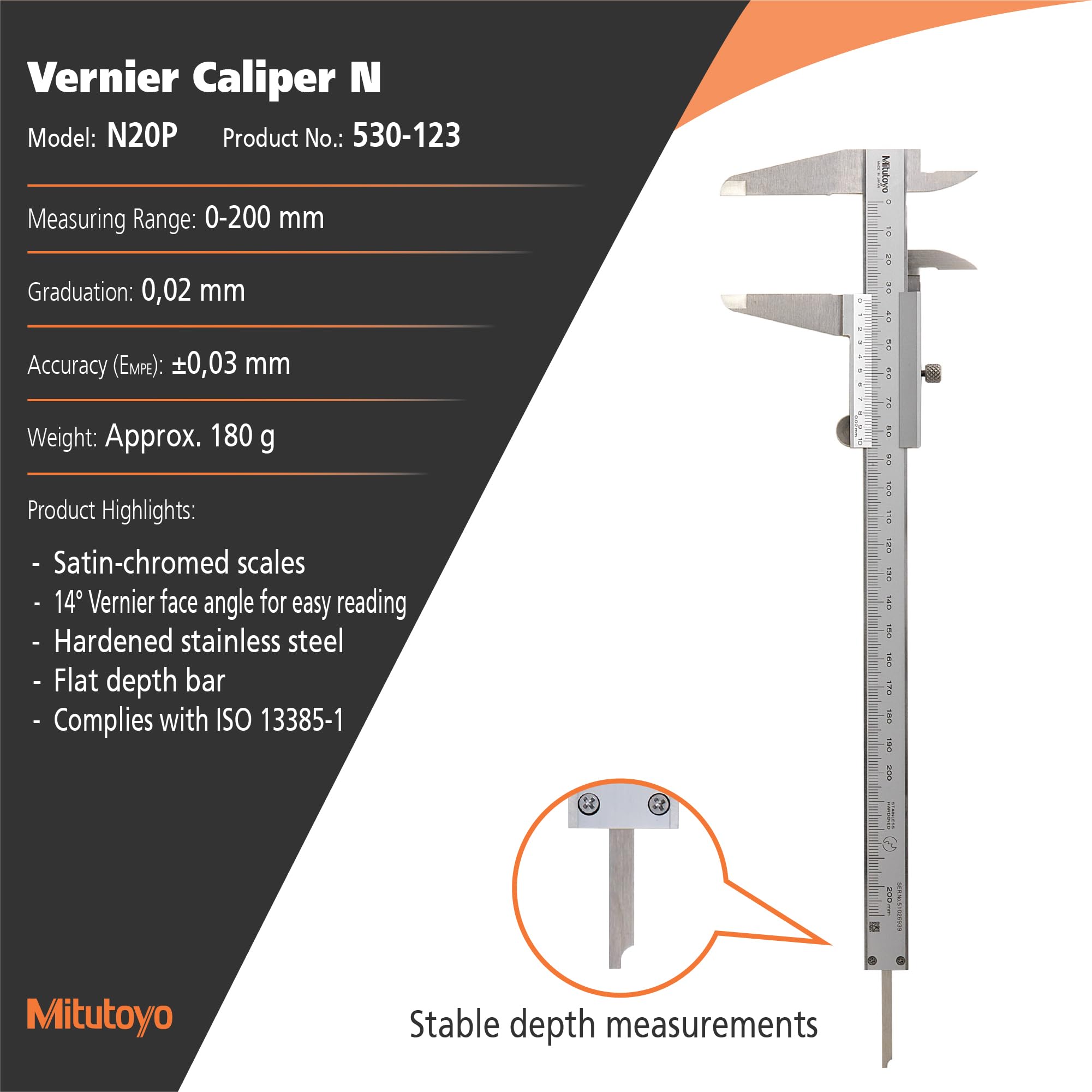 Mitutoyo 530-123 Suwmiarka z noniuszem, zakres 0 mm-200 mm, dokładność 0,03 mm