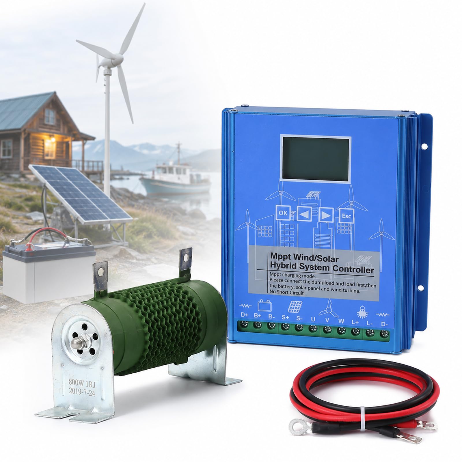 Hybrydowy kontroler energii wiatrowo-słonecznej z rozładowywaniem, hybrydowym kontrolerem ładowania słonecznego i wiatru, wyświetlacz LCD 12 V/24 V/48 V, MPPT Boost, do domków, łodzi