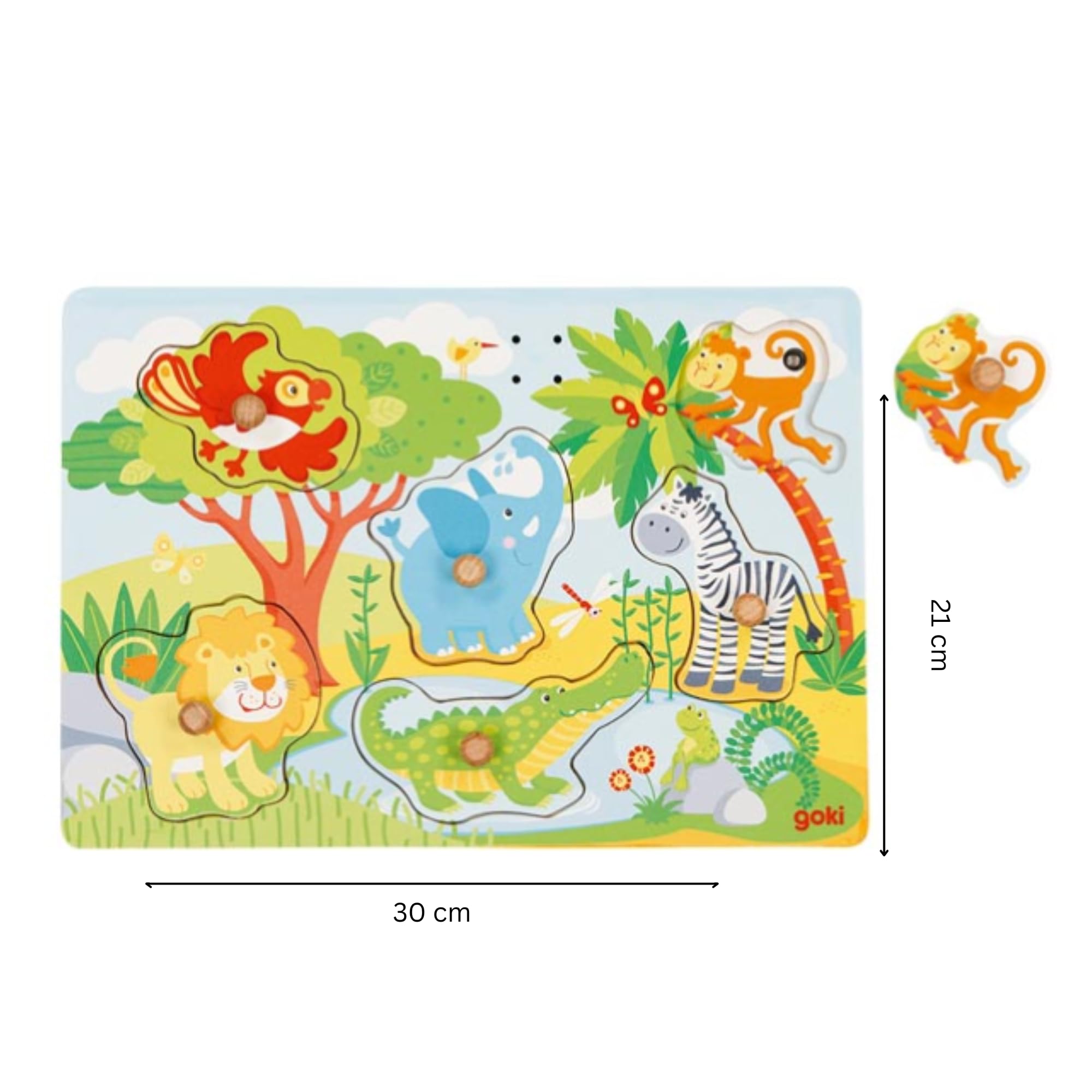goki 6674 - Soundpuzzle Set, jeweils 6 Holzteile inkl. Greifknopf, 3 unterschiedlichen Motiven und passdenden Geräuschen, Werkzeuge, Baustelle und afrikanisch Tiere, 30 x 21 x 4cm, ab 1 Jahr