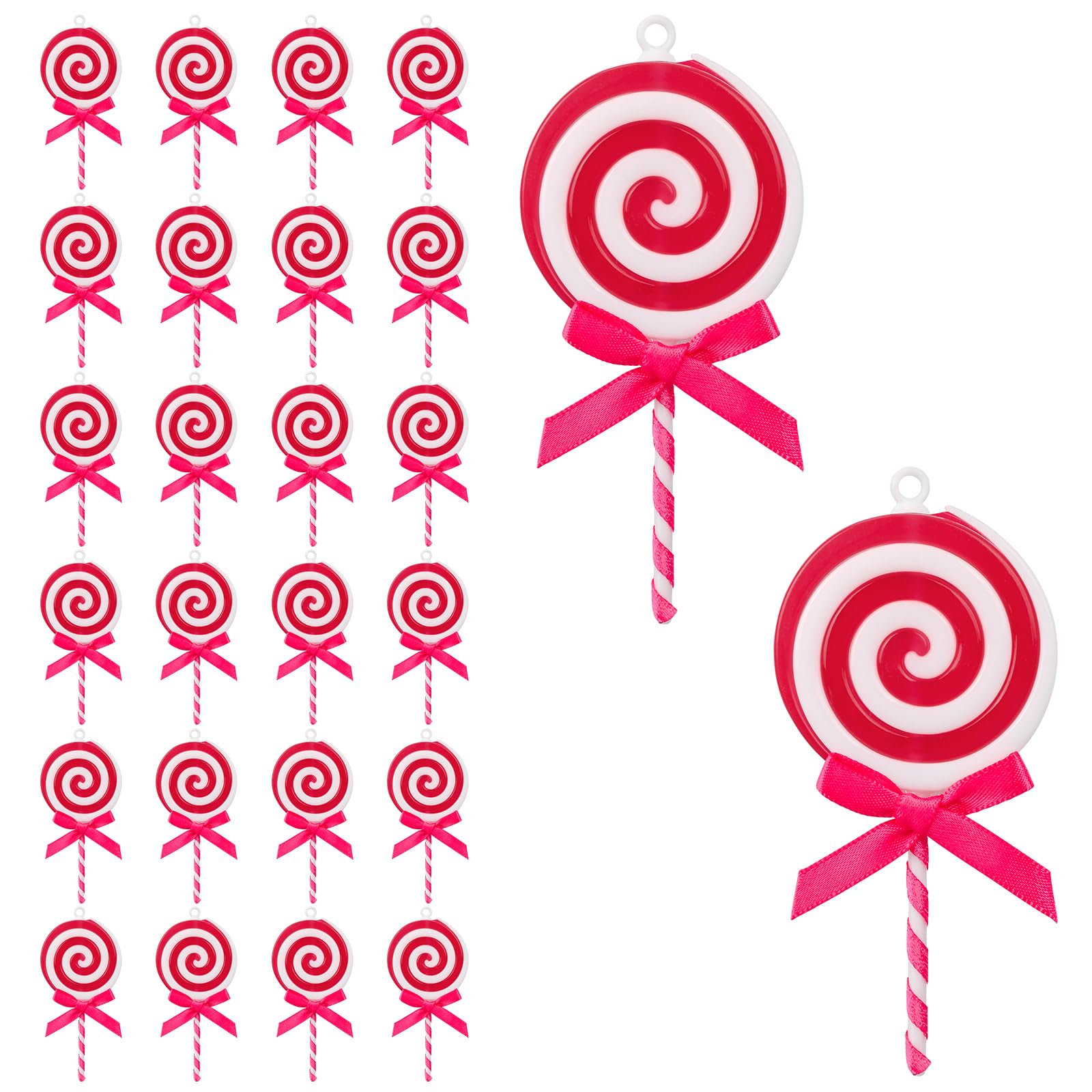 Fukaisu 24pcs Christmas Candy Ornament, Plastic Peppermint Cane Lane Lollipops Tree Decorations With Hanging Loop for Xmas Home Party Supplies Decor (Pink, White)