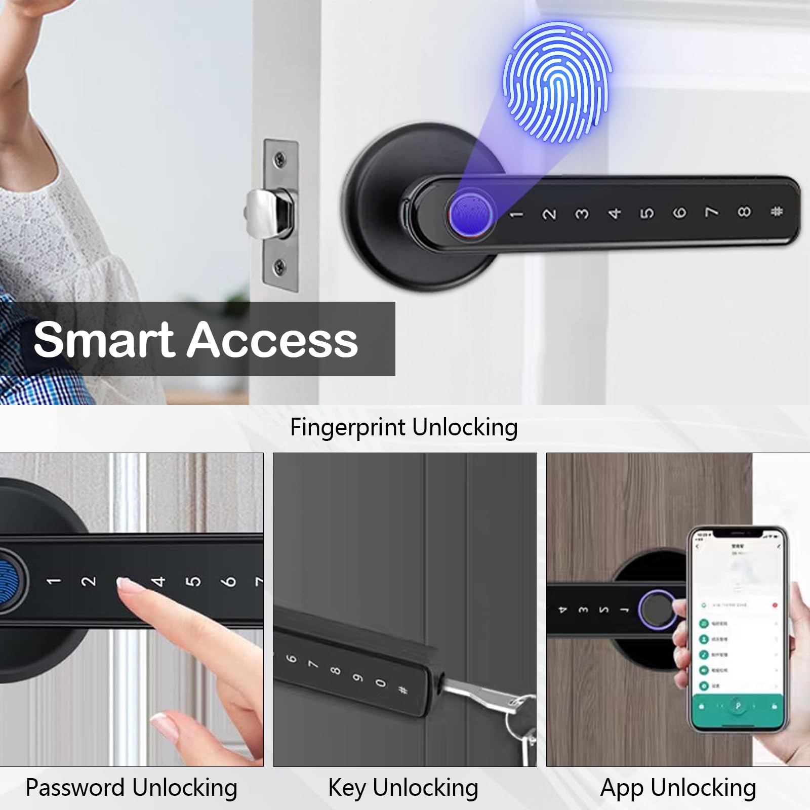 Serratura intelligente per porte interne, serratura elettronica con impronte digitali e 4 opzioni di sblocco per camera da letto e ufficio (spessore porta 35-55 mm)