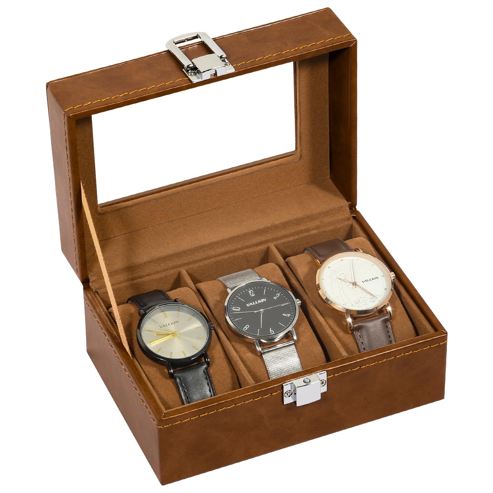 Uten 3-Slot Watch Box, PU Leather Watch Case with Glass Lid, Gift Idea