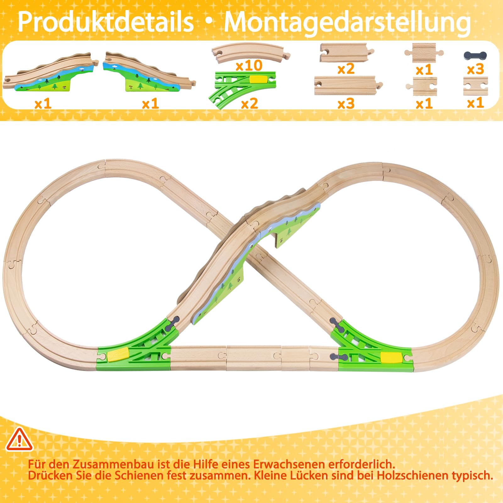 Holzeisenbahn Schienenset, Kompatibilität mit Allen Holzeisenbahn Zubehör und Holzschienen, Erweiterungsset für Modellbahn, kreatives Spielen für Kinder ab 3 Jahren（Holz-Waldbahnschienen）