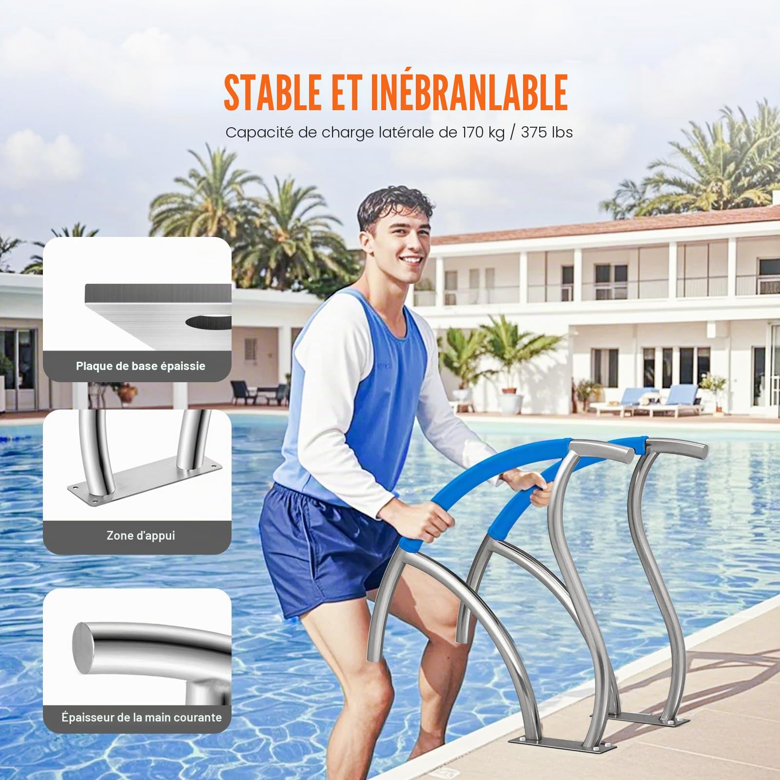 VEVOR Rampe Piscine, 1395x810 mm, Main Courante Piscine Acier Inoxydable avec Plaque de Base, 2PCS Barre d'Appui Sécurité Antirouille, Accessoires, pour Piscines, Intérieur, Extérieur, Terrasses, Spas