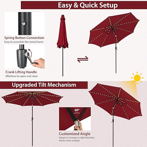 Miniatura 4 de TANGKULA Sombrilla solar de 10 pies, sombrilla de patio con 112 luces LED, sombrilla de mercado de mesa al aire libre con manivela de elevación y