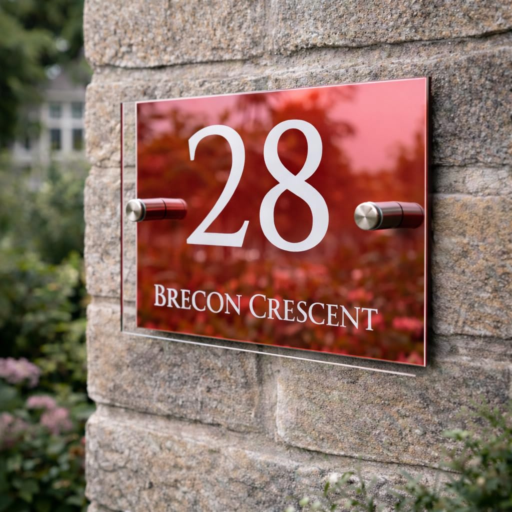 Personalised House Numbers Plaques by Blitz Craft | Glass Effect Acrylic and Red Mirrored Finish | Custom Address Text with Door Numbers for Outside, Weatherproof Design with Fixings (200x130mm)