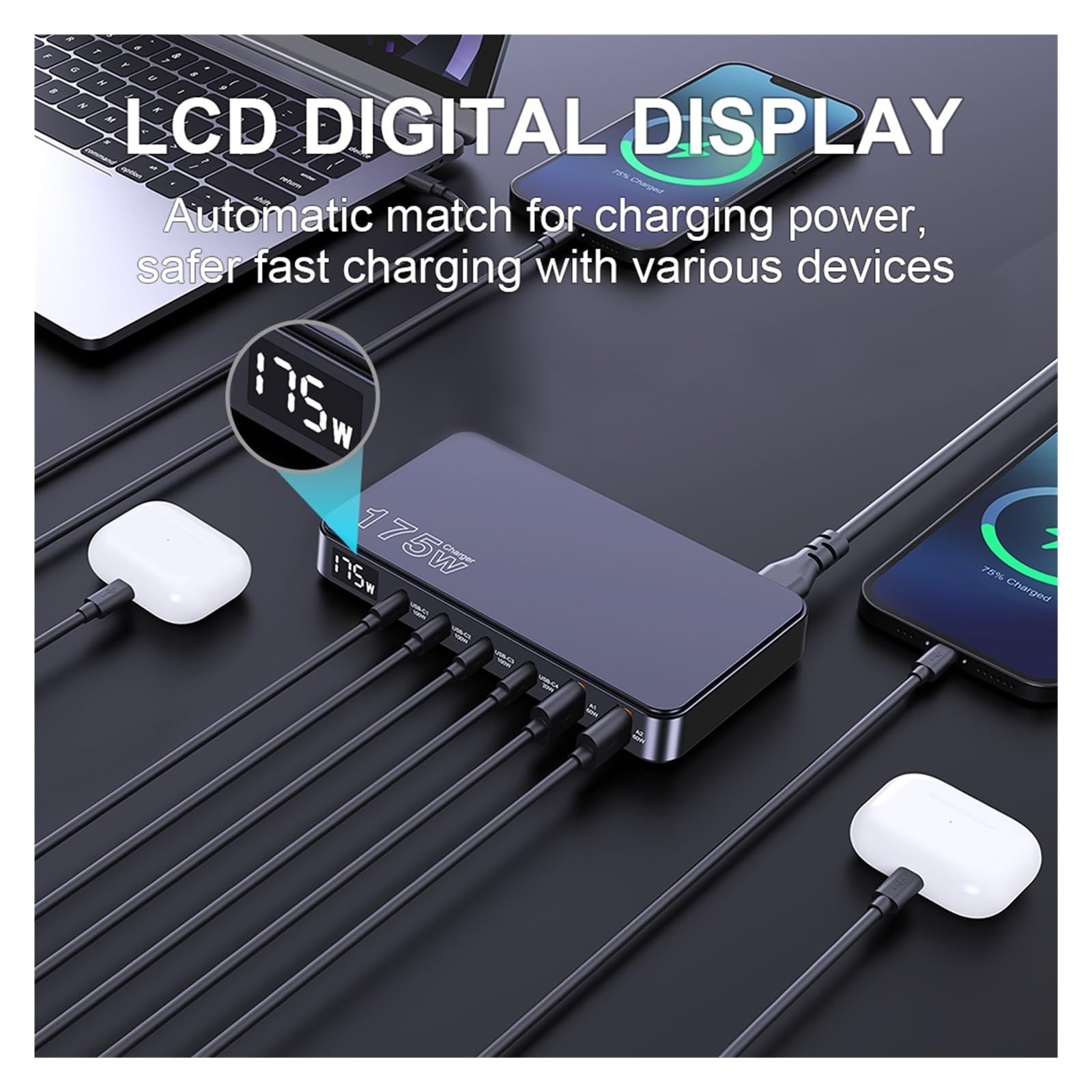 Stazione Di Ricarica USB C Da 175 W Caricatore GaN Ultrasottile A 6 Porte Display LCD Tavolo PD100W Capacità Di Ricarica Rapida