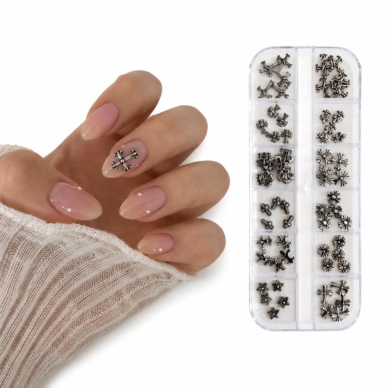 S.A.V.I 3D Alloy Gothic Cross Nail Charms, 12 Styles, Gun Black | Retro Punk Design, 12-Section Storage Box, DIY Manicure Use, Metal Studs, Salon & Home-image-33