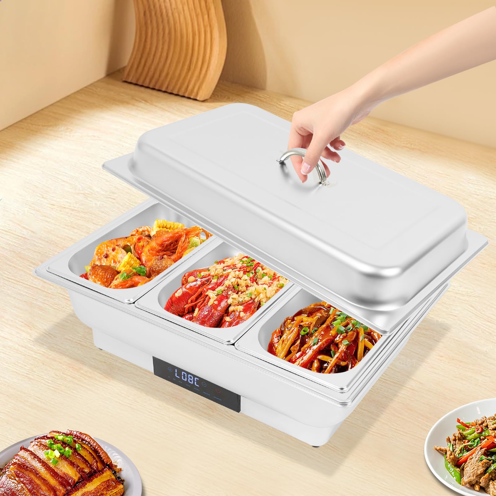 Scaldavivande elettrico in acciaio inox, controllo della temperatura, touch screen, 3 scomparti, 9 l, 600 W, per buffet, feste, cene in famiglia