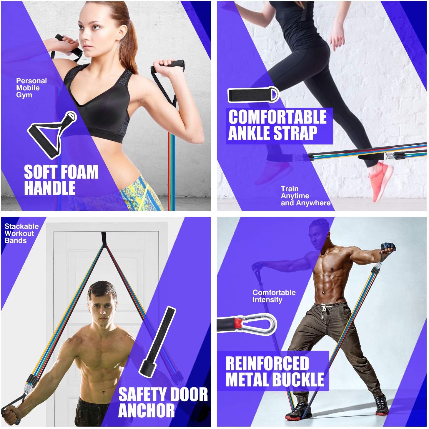 ZEEYU Resistance Bands Set, Exercise Bands Up to 100 LBS Workout Bands Door Anchor Handles Leg Ankle Straps Waterproof Carry Bag for Resistance Training Muscle Building Physical Therapy 12 Pack