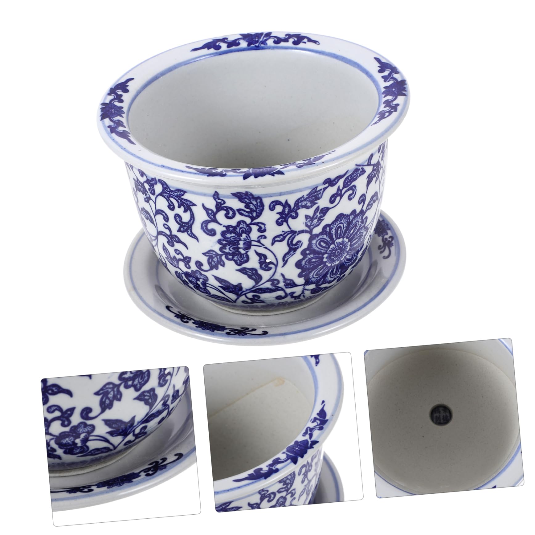 Vaso per Piante in Ceramica con Piattino, Vaso Decorativo Stile Cinese Blu e Bianco, per Balcone e Camera da Letto, Set per Fiori ed Erbe