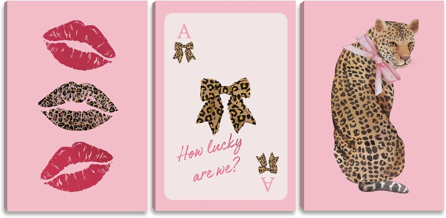 3 PCS Pink Cheetah Canvas Wall Art Pink Bow Painting Poster Fashion Leopard Wall Decor Cheetah Bow Pictures for Girls Living Room Bathroom Bedroom Home Decoration 12*16 in ( Stretched Canvas on A Wooden Frame)