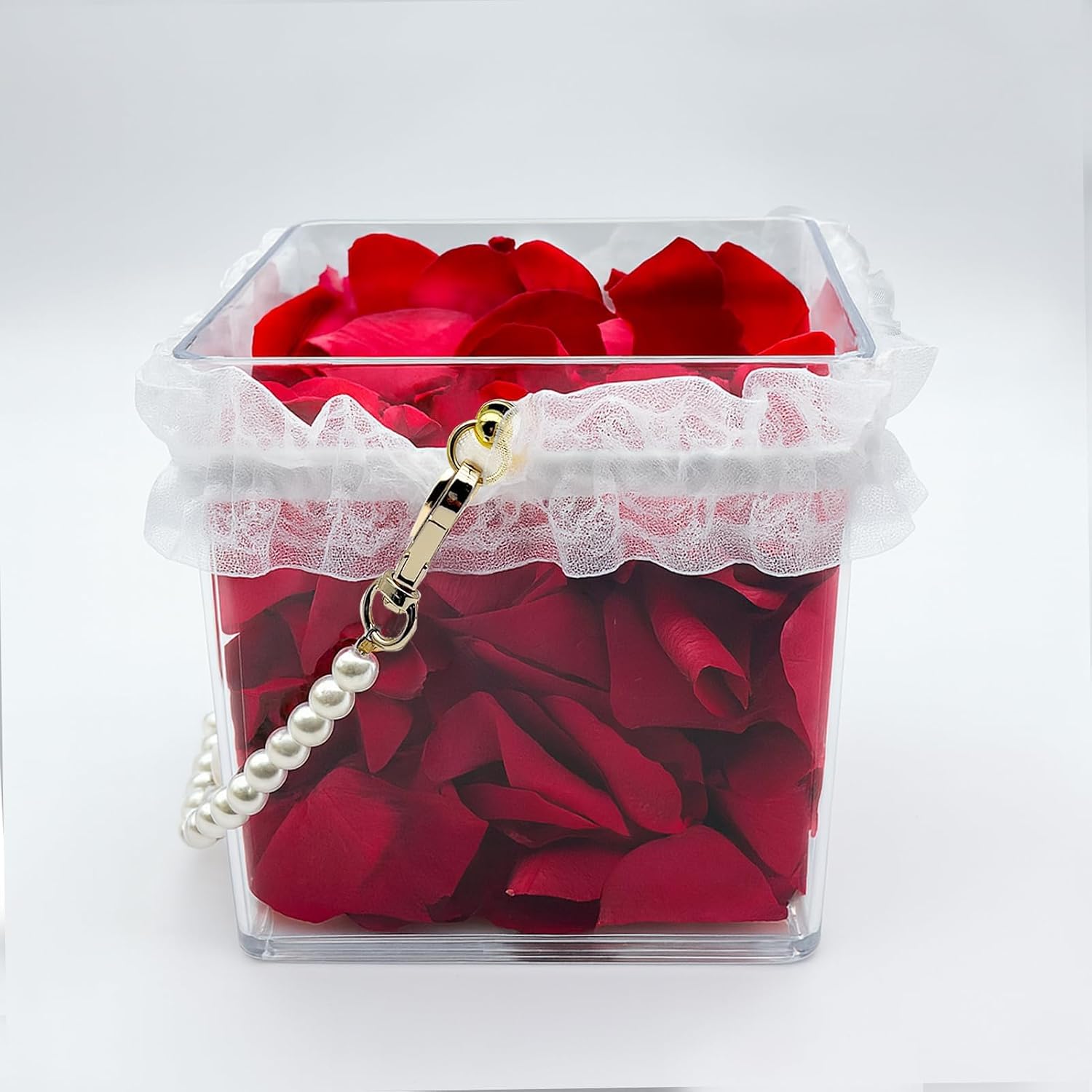 Flower Girl Basket with Pearl Handle, Petals Basket with White Lace Trim, Flower Holder for Confetti, Petal Home Decoration, 4.7x4.7Inch image 5