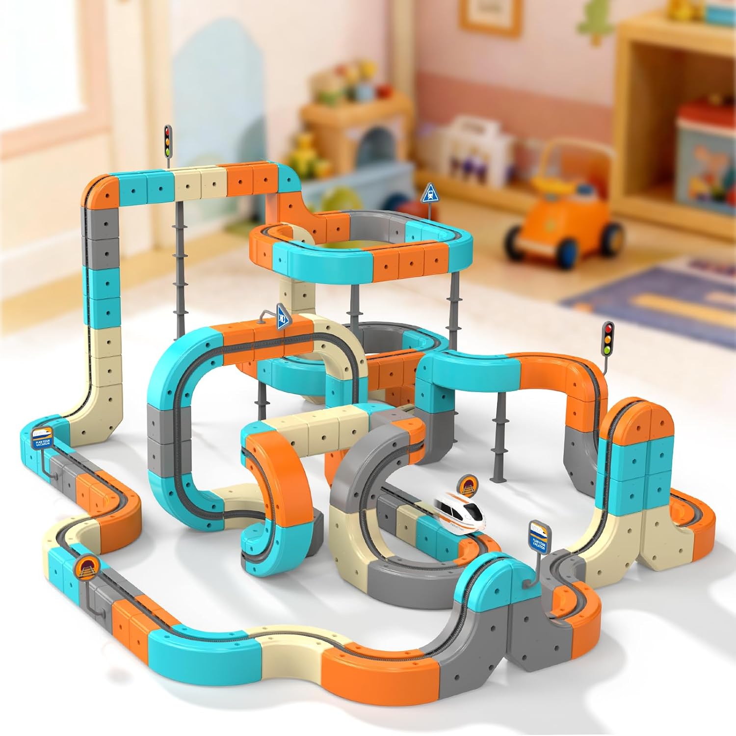 Electric Train Set, 3D Flexible Race Track for Kids 3–8 Years,82 Pcs Gravity-Defying Rail Building Toys with Motorized Car, STEM Learning Toy Gift for Toddlers Birthday