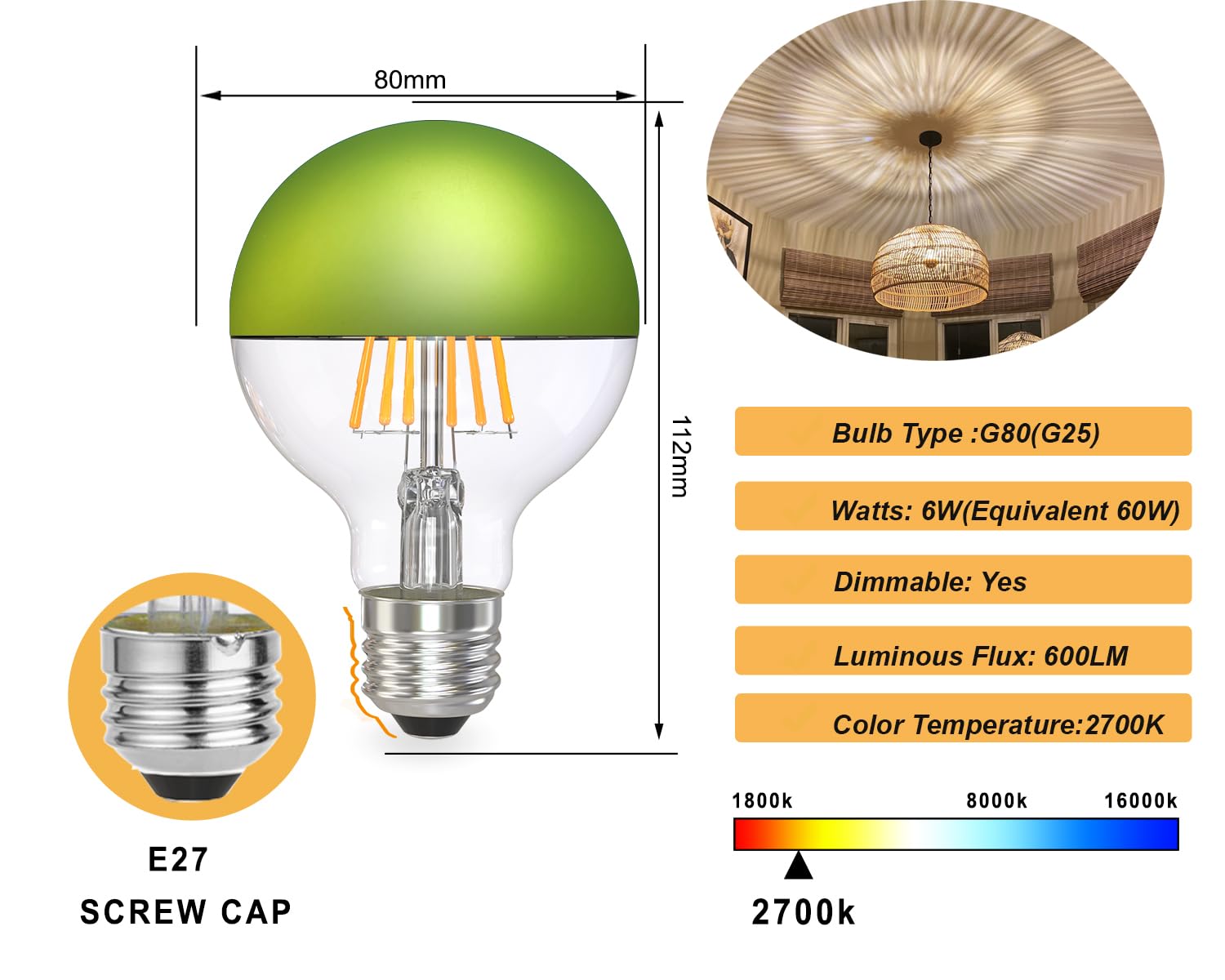 KOOYWAN Apple Green Crown Mirror Lights Bulb 6W(60W Equivalent) Half Chrome Lights Bulb Dimmable E27 LED Edison Bulb Globe Shape Decorative LED Bulb Half Reflected Light 2700K Soft White 2pcs - Image 3