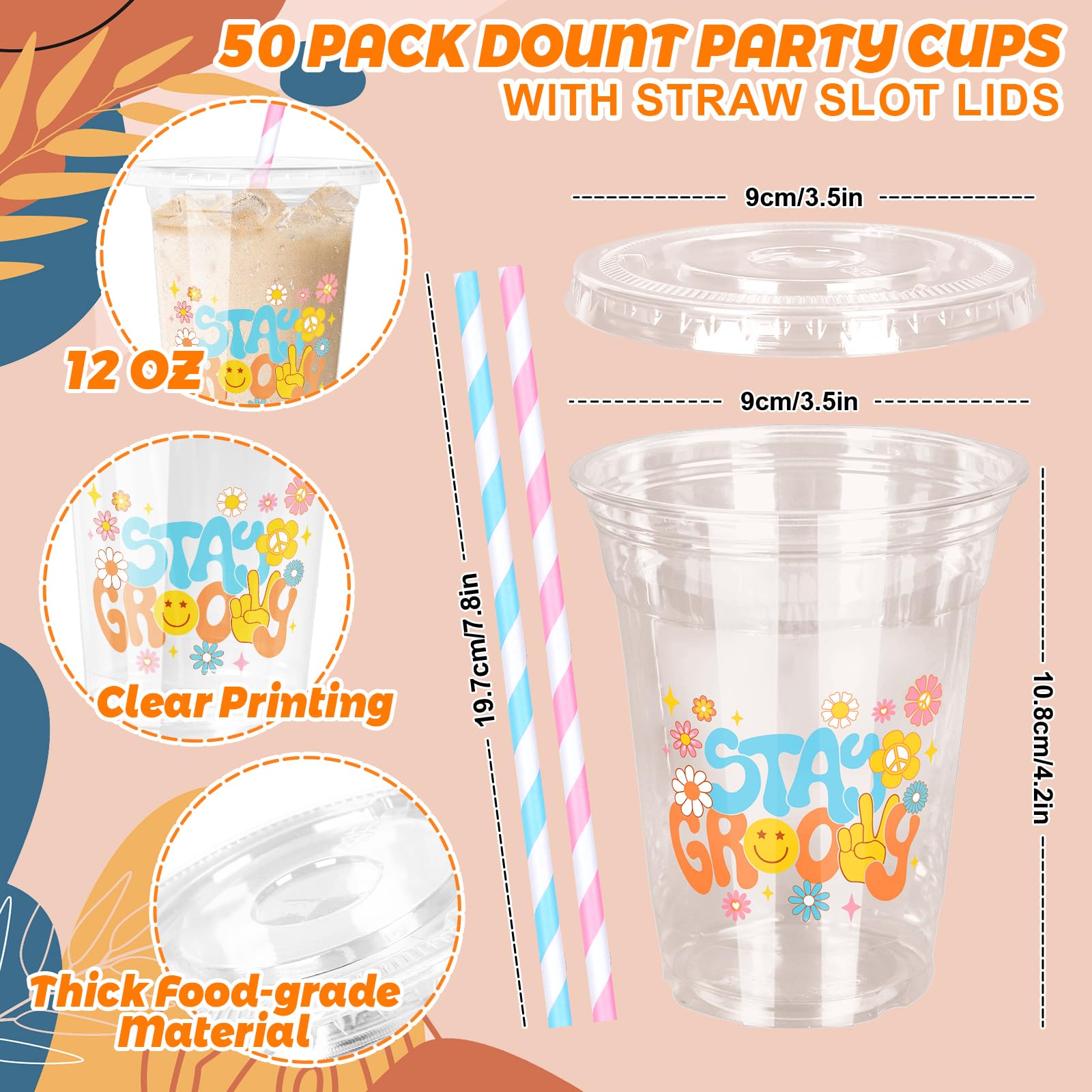 Whaline 50Pcs Boho Party Plastic Cups Stay Groovy Disposable Cups Hippie Retro Party Supply Drinkware with Flat Lids Straws for Birthday Coffee Beer Beverage Snacks Candies