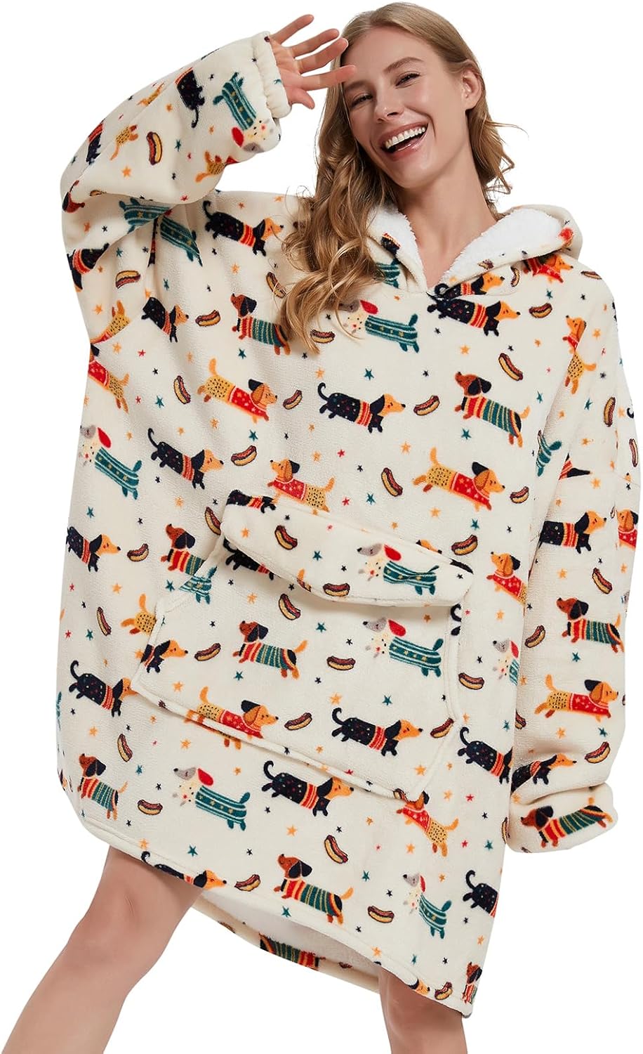 Wearable Blanket Hoodie for Adult,Oversized Sherpa Fleece Blanket Hoodie for Women Men,Dachshund - Image 8