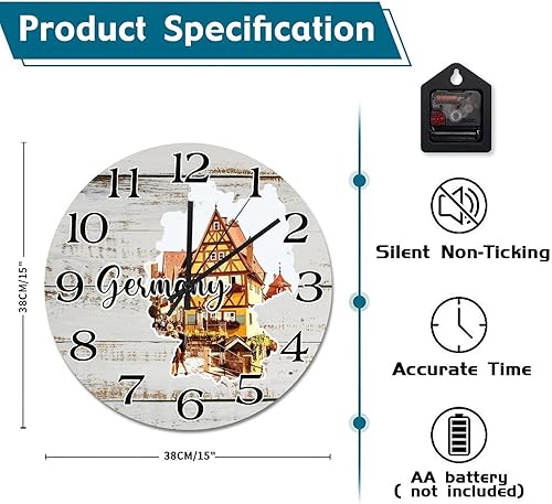 Miniatura 6 de Reloj de pared de madera con mapa de Alemania, reloj de pared de madera con pilas, reloj analógico de 15 pulgadas para colgar en la pared, arte