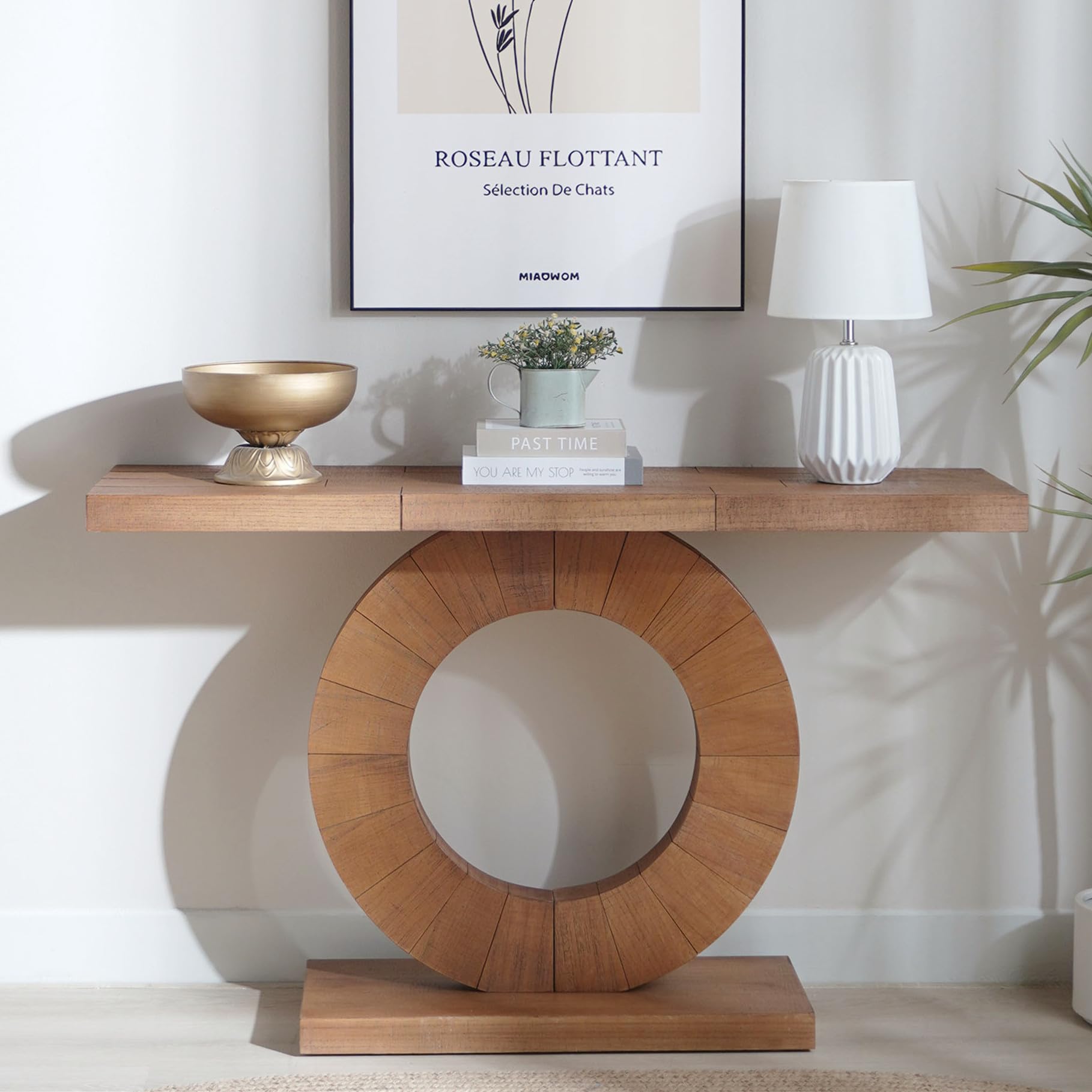 SSLine 53" Vintage Console Table with Wood Splice Circular Base, Modern Rustic Wooden Sofa Table Rectangular Accent Entryway Table for Hallway Living