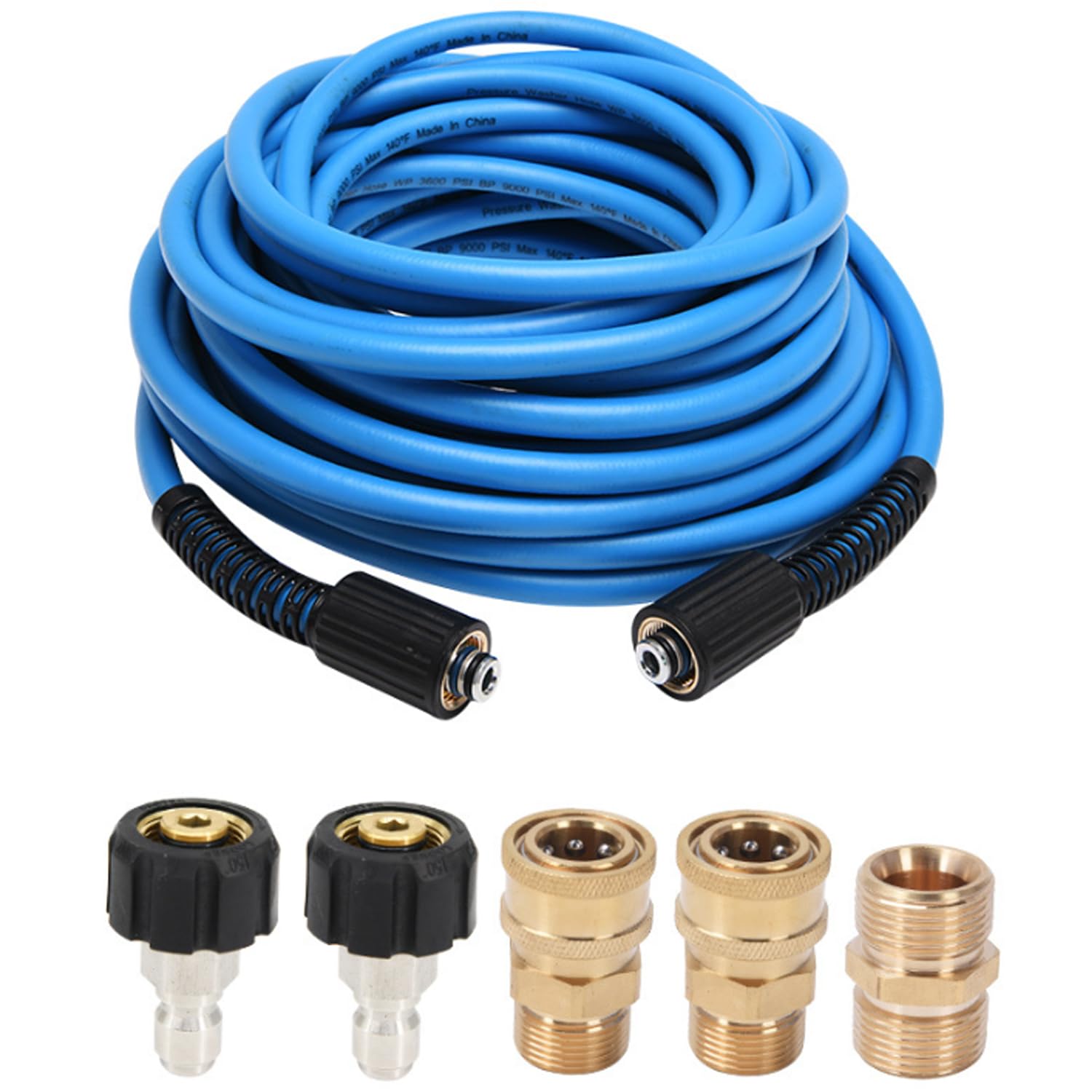 15M 3600PSI Tubo Alta Pressione per Pulitrice ad Alta Pressione con 5 Raccordi Rapidi(M22 x 3/8''), per tubo di lavaggio a pressione a collegamento rapido da 1/4'', Blu