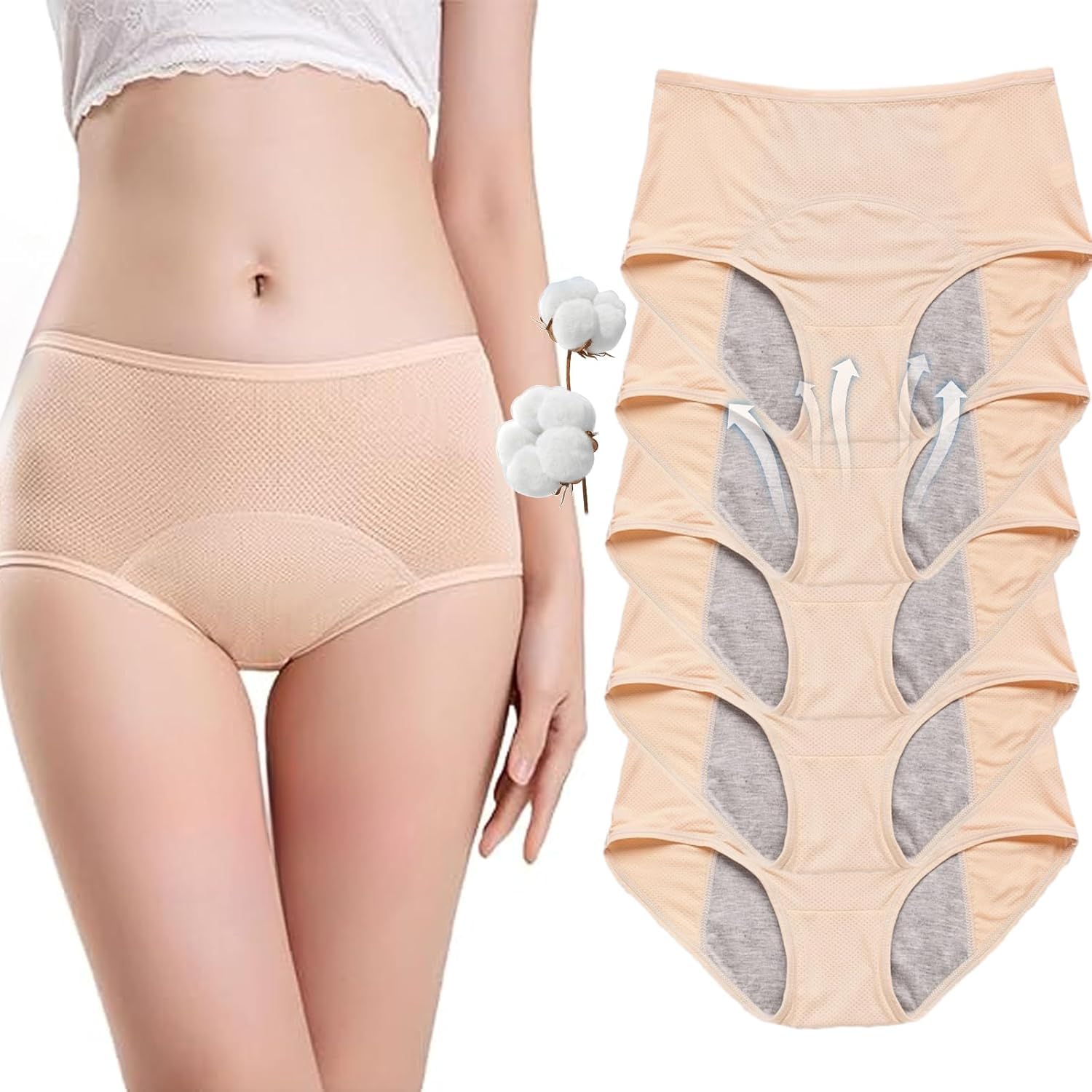 Drywear Auslaufsichere Unterwäsche Damen, Dry Wear Inkontinenzhose Damen, Höschen für Frauen Über 60 Waschbare, Wiederverwendbare Baumwollhöschen (Khaki-5Pcs,M)