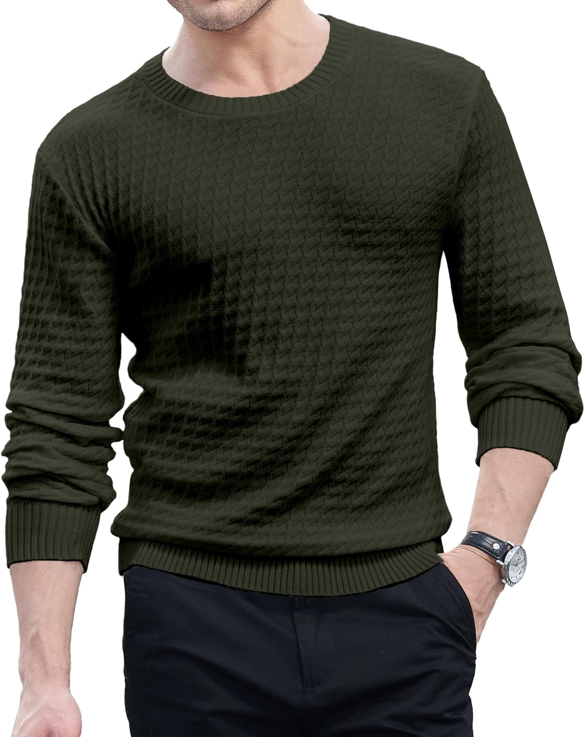 KUYIGO Men's Knit Sweaters Crewneck Long Sleeve Pullover Classic Soft Lightweight Quilted Textured Sweater Tops
