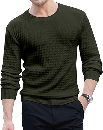 KUYIGO Mens Knit Sweaters Crewneck Long Sleeve Pullover Classic Soft Lightweight Quilted Textured Sweater Tops
