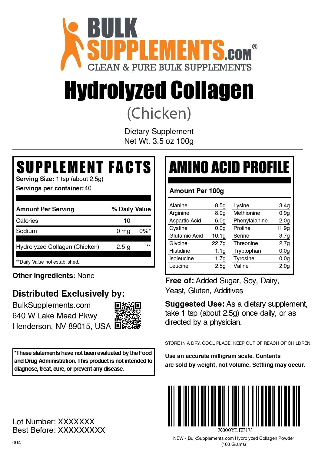 BulkSupplements.com Chicken Collagen Powder - Hydrolyzed Collagen Supplement, for Hair, Skin, & Nails - Unflavored & Gluten Free, 2.5g per Serving, 100g (3.5 oz) (Pack of 1) — Amazon image 6