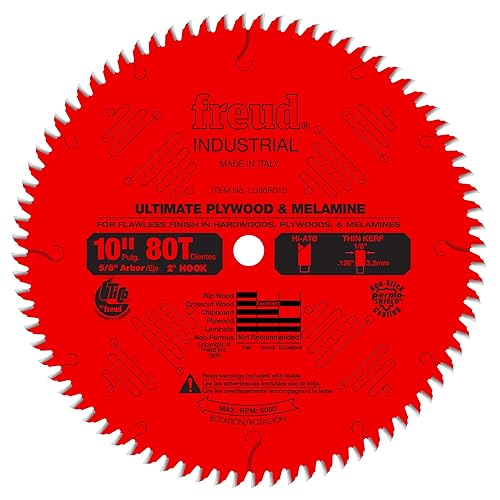 Freud Ultimate Plywood & Melamine Blade - Ideal for Beginners, DIYers, and Professionals - 10" Diameter, 80 Teeth, 5/8" Arbor, Flawless Finish - LU80R010