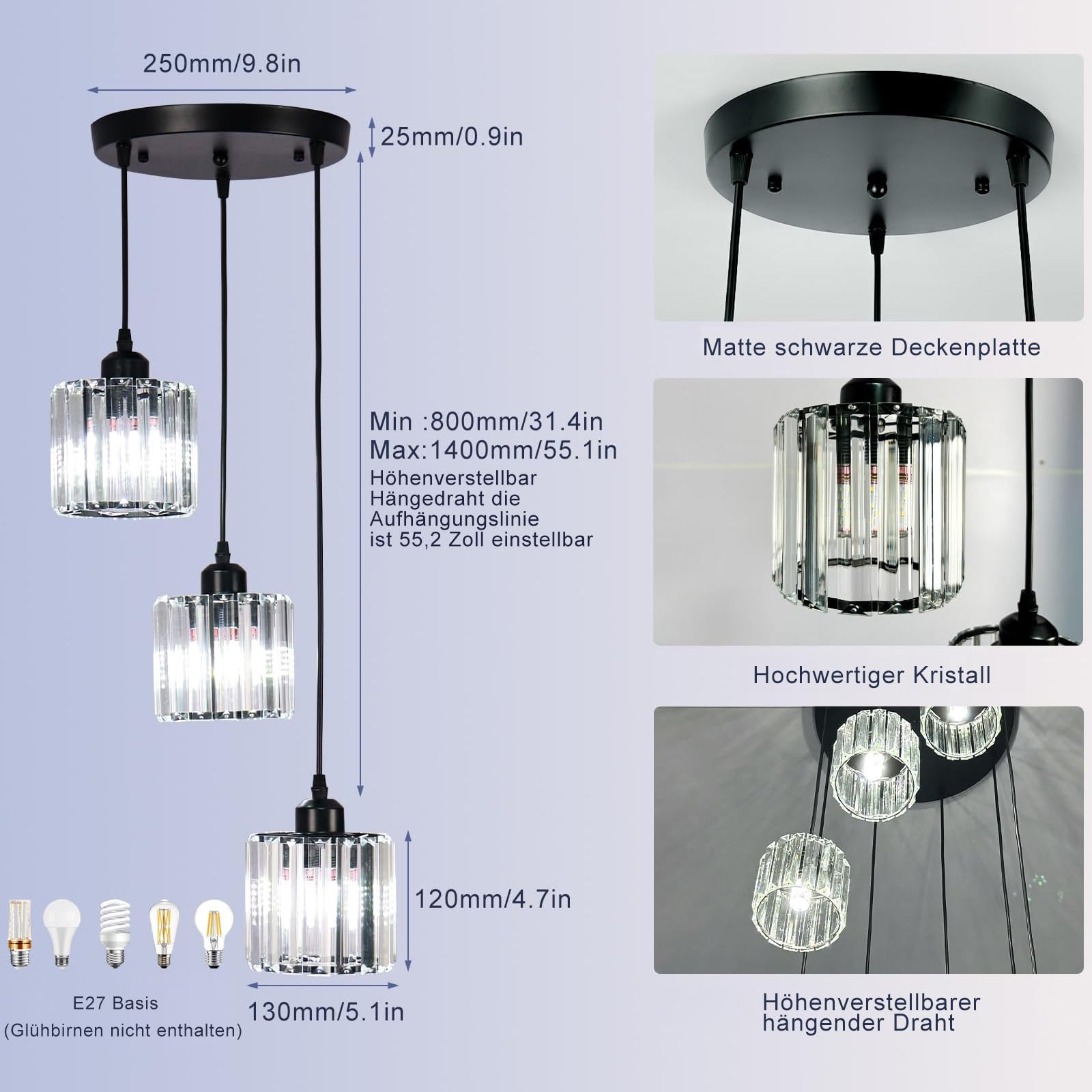 Lampade a sospensione a soffitto rotonde in vetro moderno, lampade a sospensione in vetro regolabile in altezza, lampade a aragno per pranzo, salotto nero (3 luci)