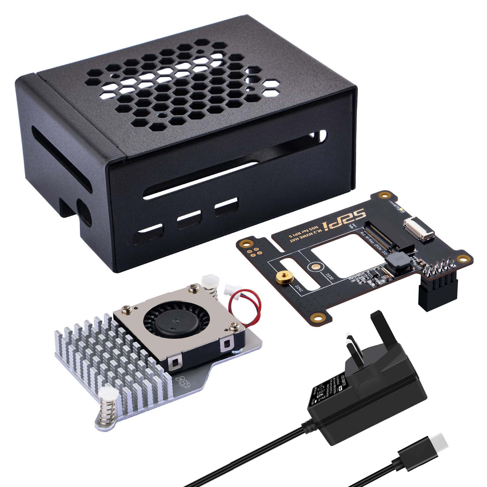 GeeekPi Metal Case for Raspberry Pi 5,with N05 M.2 NVMe SSD PCIe Peripheral Board,Official Active Cooler and 27W USB C Power Adapter for Raspberry Pi 5 8GB 4GB