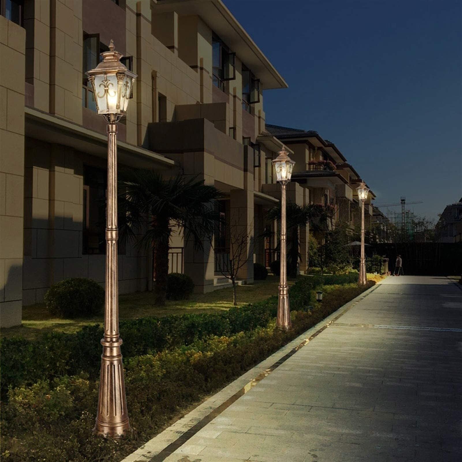 QUSYZD 140Cm Traditional Glass Lantern Street Light, Ip55 Waterproof Outdoor Pillar Post Lamp, Die-Cast Aluminum Garden Floor Lamp for Villa, Courtyard, Lawn, E27 Base,