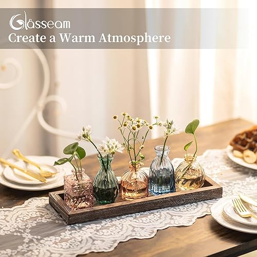 Miniatura 3 de Glasseam Jarrones de cristal para flor 5 coloridos jarrones pequeños con bandeja de madera rústica para el hogar, oficina, sala de estar, baño,