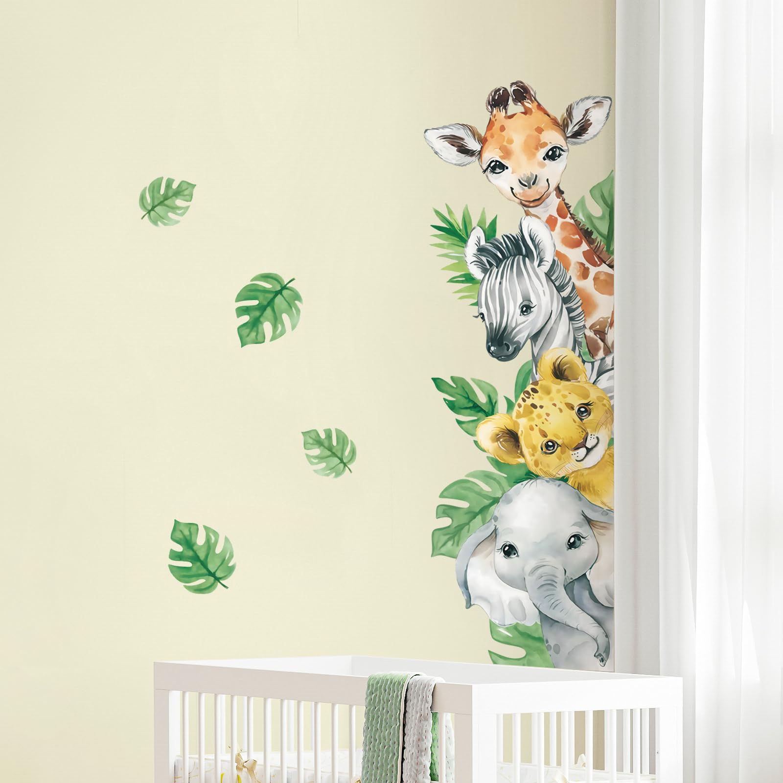 Tanlaby Wandtattoo Tiere Dschungel Kinderzimmer Türaufkleber Safari Tiere Wandsticker Giraffe Elefant Grüne Blätter Wandaufkleber für Kinder Junge Mädchen Babyzimmer Wohnzimmer Schlafzimmer Wanddeko