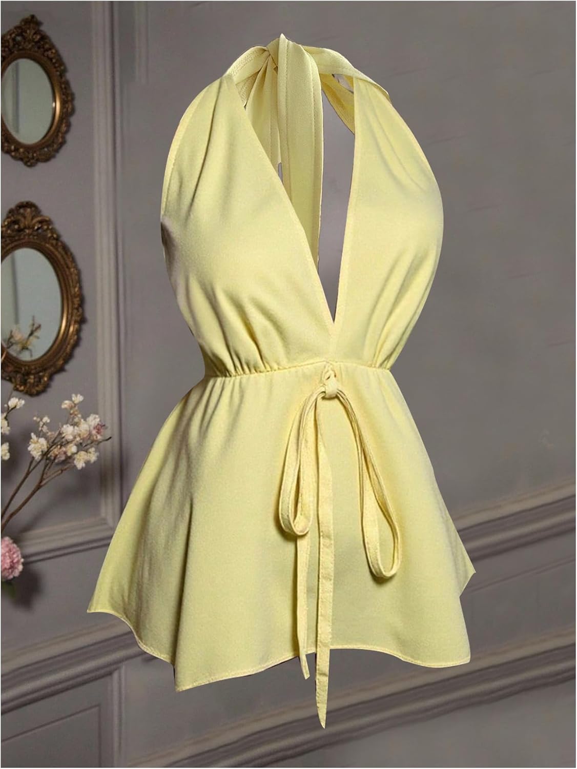 Milumia Women's Y2k Halter Peplum Top Bow Tie Y2k Deep V Neck Backless Sleeveless Ruffle Tank Tops - Image 4