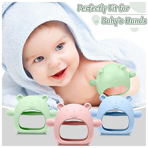 Miniatura 6 de Chumia Paquete de 3 juguetes de dentición para bebés de 0 a 6 meses, mordedores de mano de silicona para bebés, chupetes de mano anticaídas,