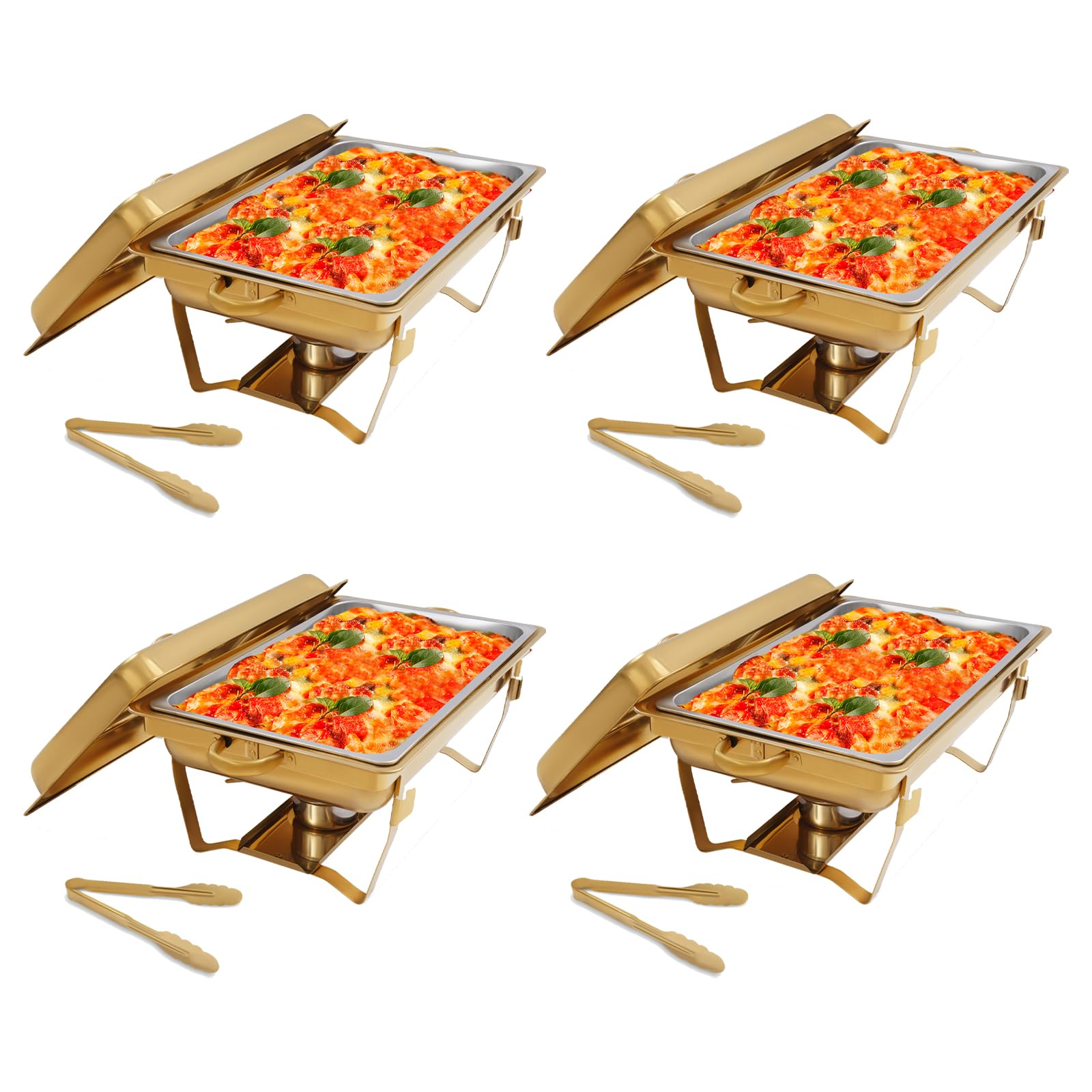 Zestaw 4 pojemników do podgrzewania Chafing Dish Golden – 7,5 l, ze stali nierdzewnej, profesjonalny zestaw wraz z 4 szczypcami do serwowania – do cateringu, bufetu, na imprezę (stal