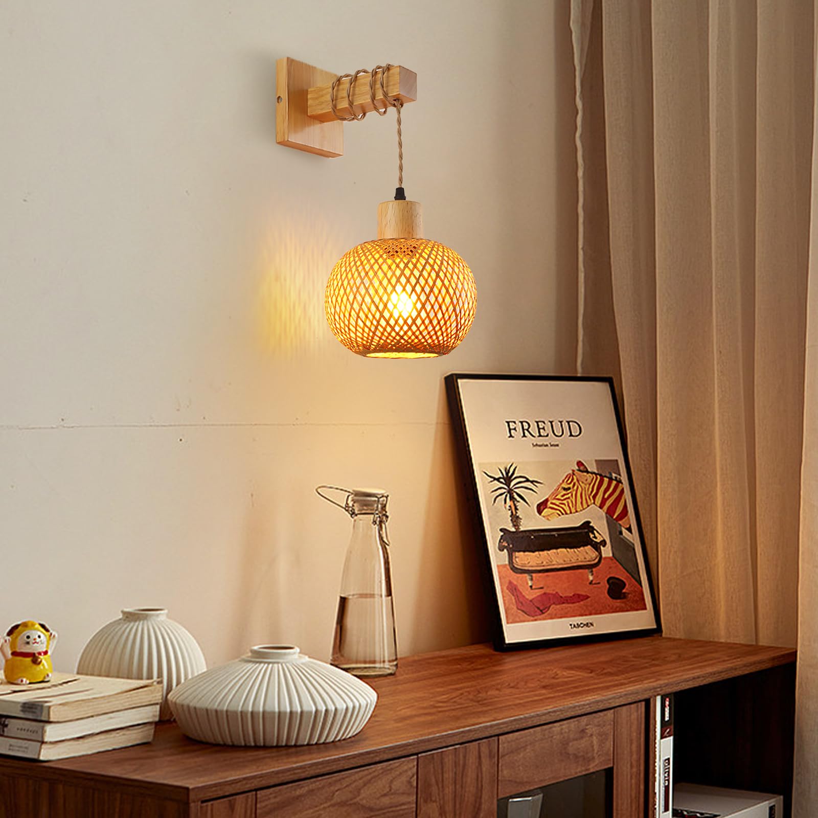 Wandleuchte Innen Boho Vintage Bambuslaterne Lampe,E27 Nylon-Seil Bambus Und Massiv Holz Wandlampe Innen Kreativ Handgewebt Boho Lampe FüR Wohnzimmer Schlafzimmer Esszimmer