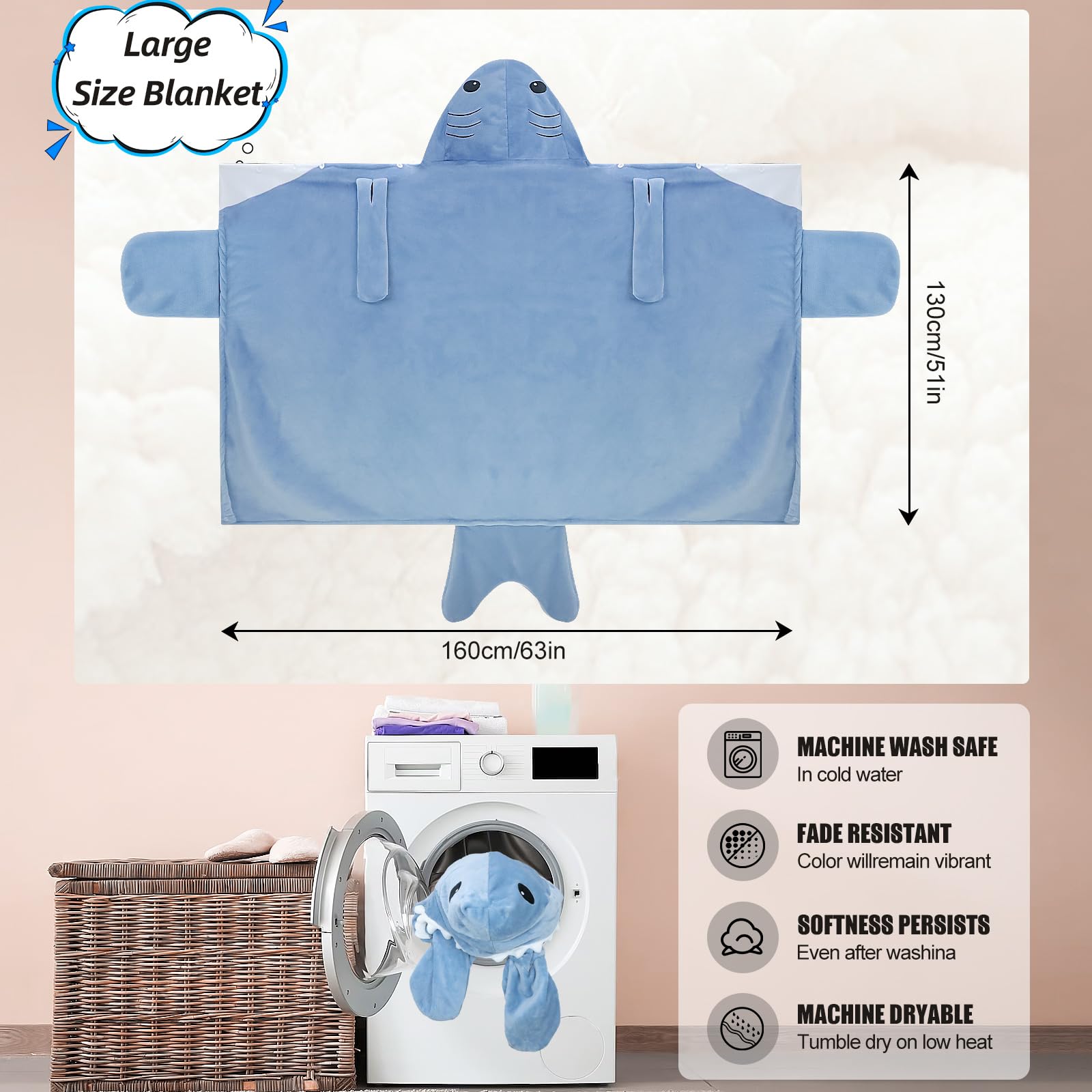 MSISILY Coperta Squalo, Coperta con Maniche e Cappuccio, Coperta Indossabile Donna, Regali di Squalo per Donne, Coperta Divano - Squalo Blu