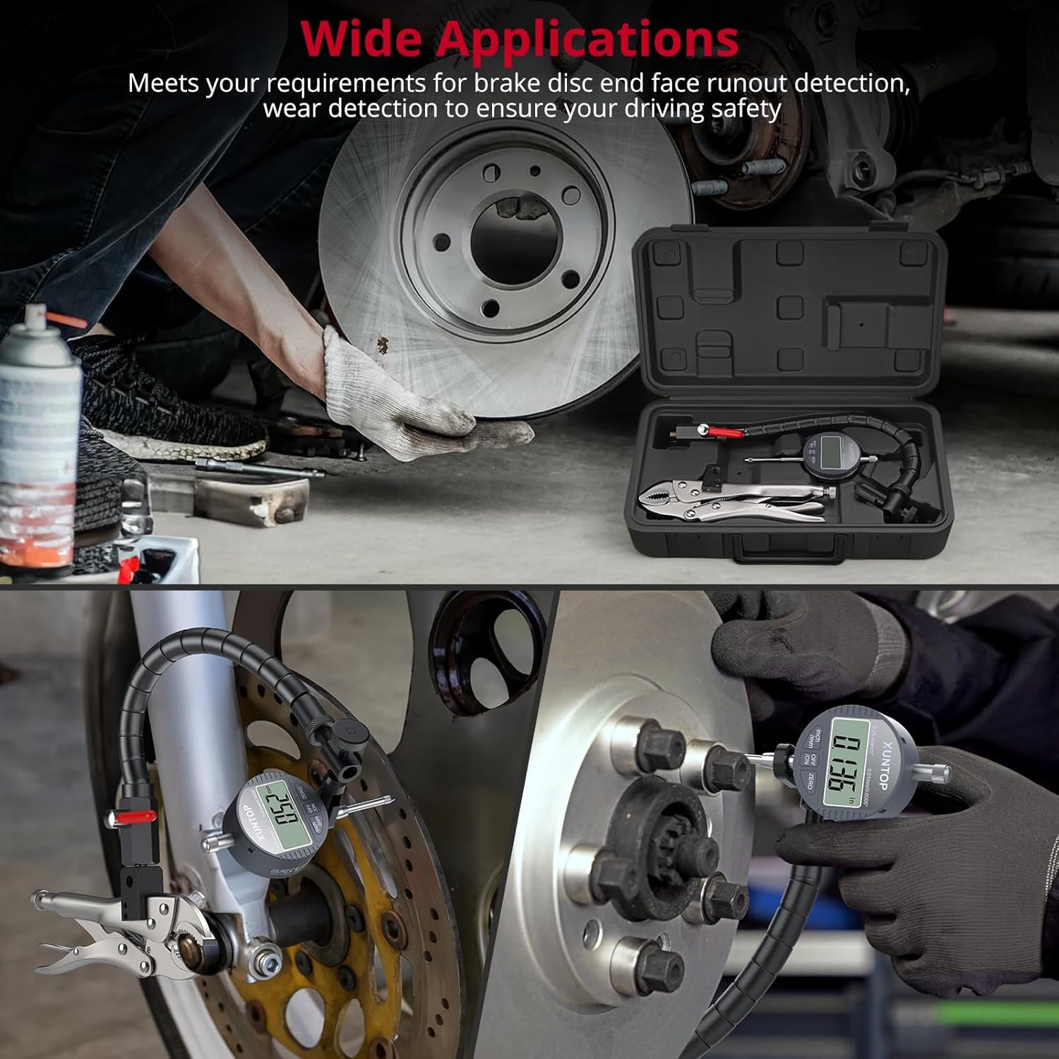 0-1/0.0005" Digital Disc and Rotor/Ball Joint Gauge Runout Gauge Digital Indicator with 13.77" Flexible Arm and 7" Locking Plier Disc Brake Rotor Gauge Set for Automotive Mechanical Industrial