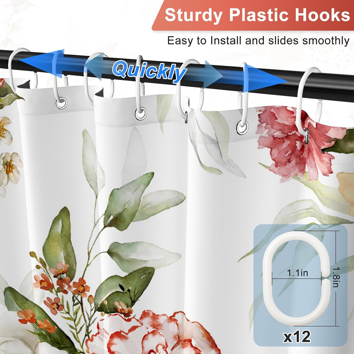 Watercolor Floral Shower Curtain with Hooks, Peony Carnation Elegant Shower Curtains for Bathroom, Weighted Hem & Waterproof, Machine Washable Flower Shower Curtain Set for Bathroom, 72"W x 72"L