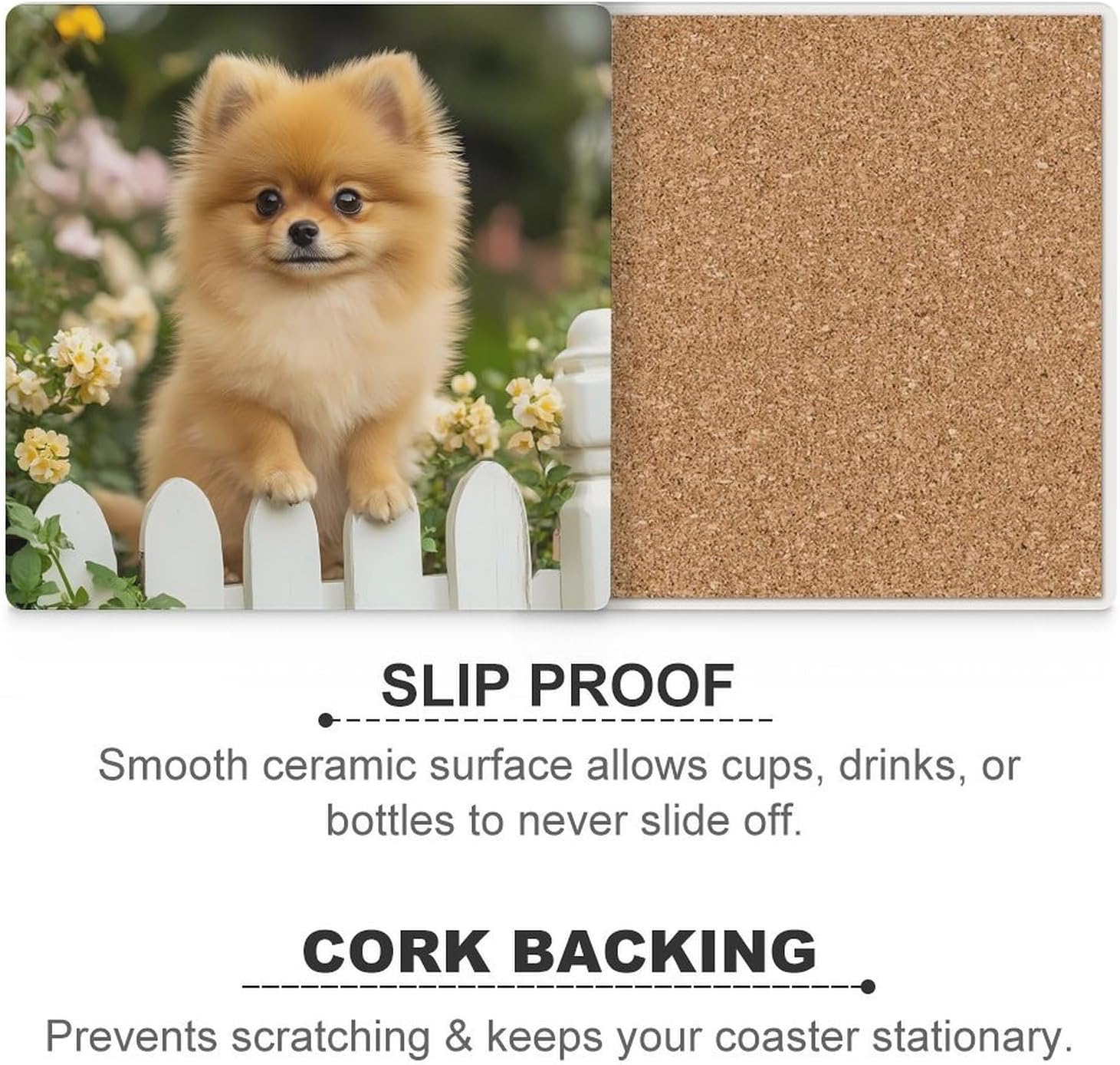 Funny Pomeranian Dog Ceramic Coasters Set Square Drink Coasters Table Coaster for Kitchen Desktop Decor