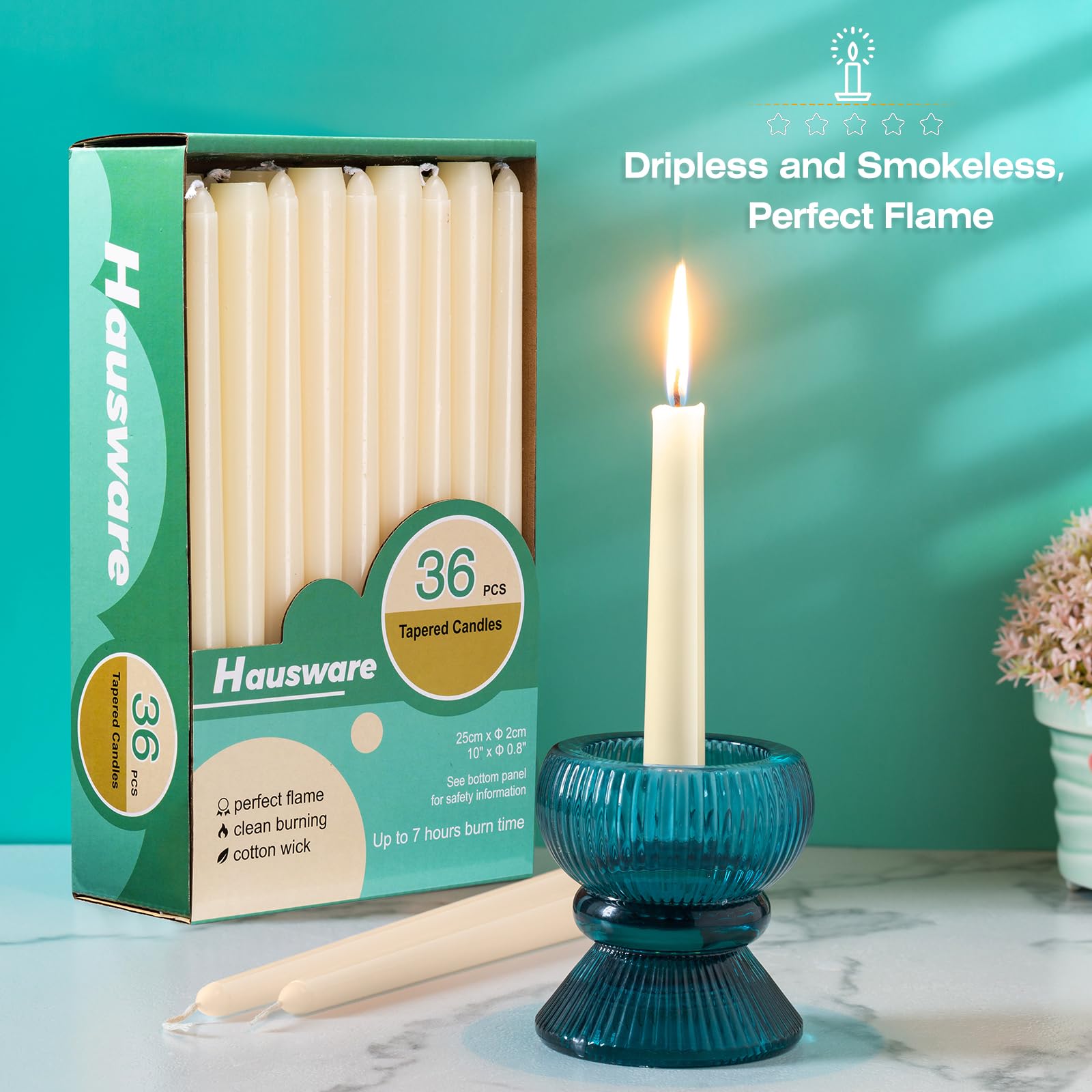 Hausware 36 Pack Taper Candles, 8 Hour Burn Time,Unscented Dripless and Smokeless, 10 inch Elegant Premium Quality Dinner Candle for Home Décor, Restaurant, Wedding, Party Candlesticks(Ivory)