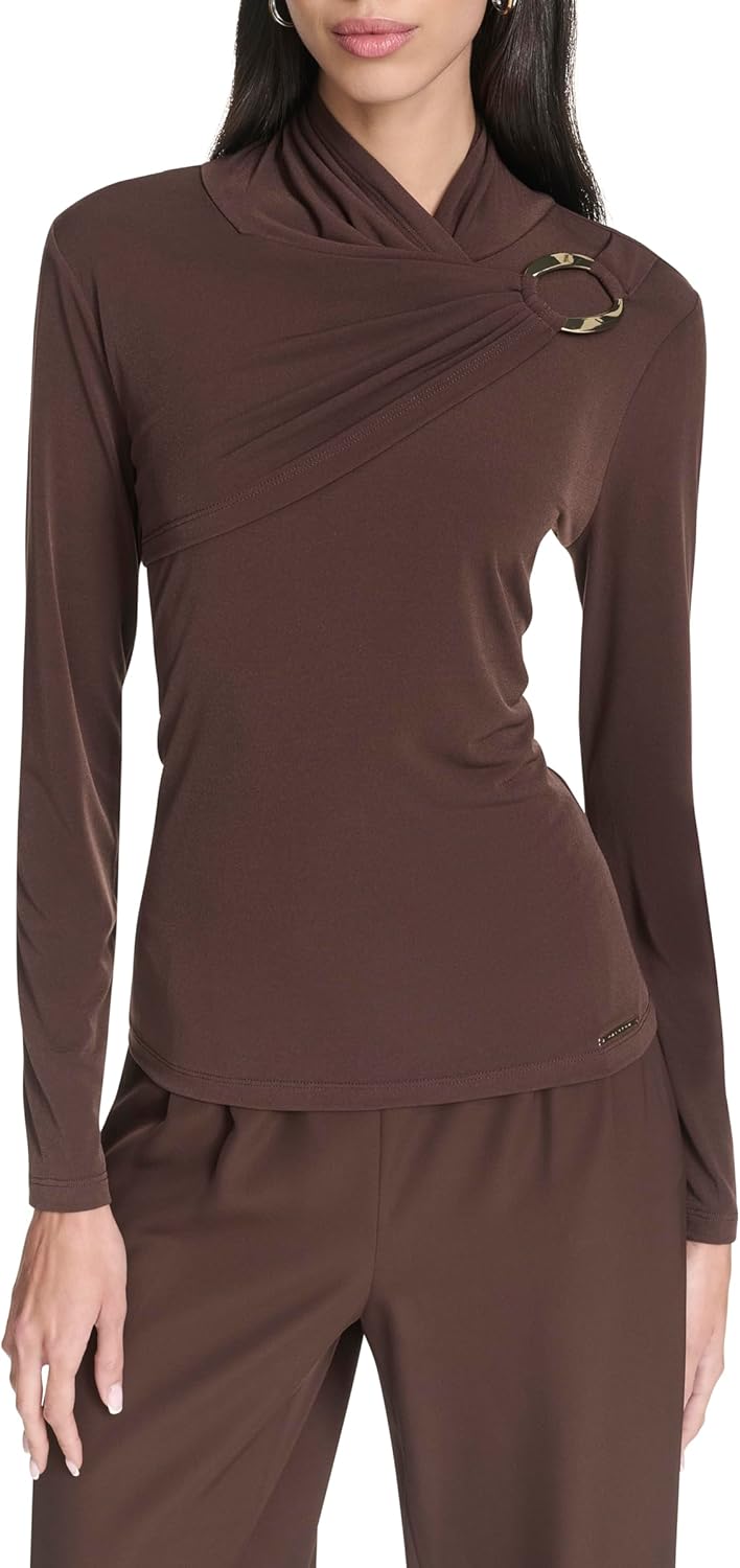Halston Womens Long Sleeve Asymmetric Neck Hardware Detail Shirt